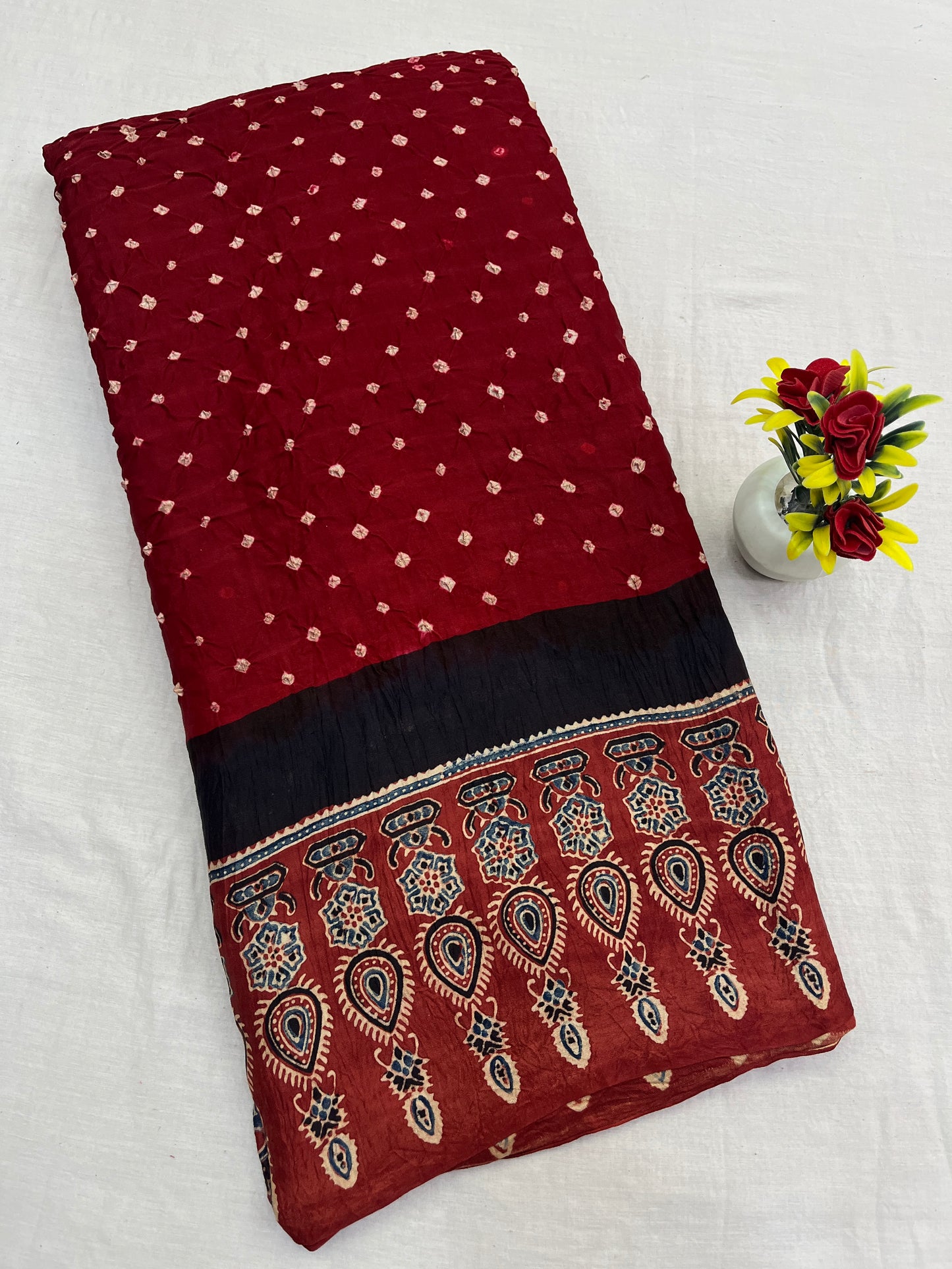 Red Bandhani Ajrakh Modal Silk Saree