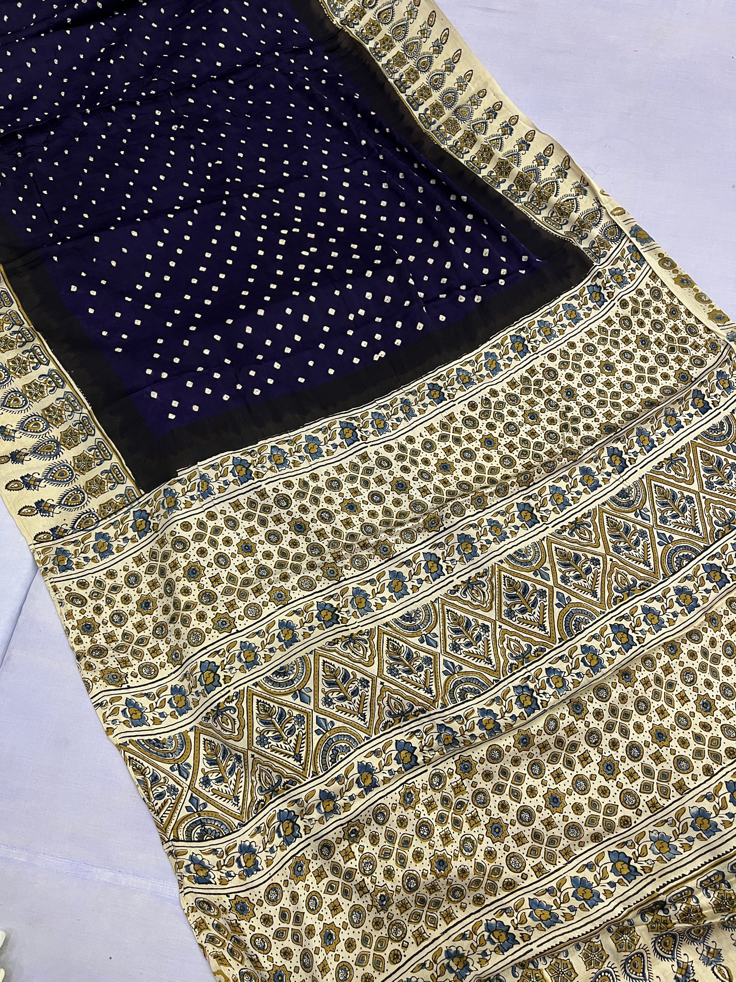 Navy Blue Cream Bandhani Ajrakh Modal Silk Saree