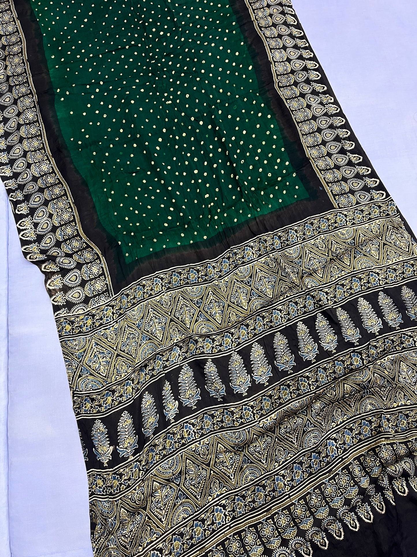 Green Black Bandhani Ajrakh Modal Silk Saree