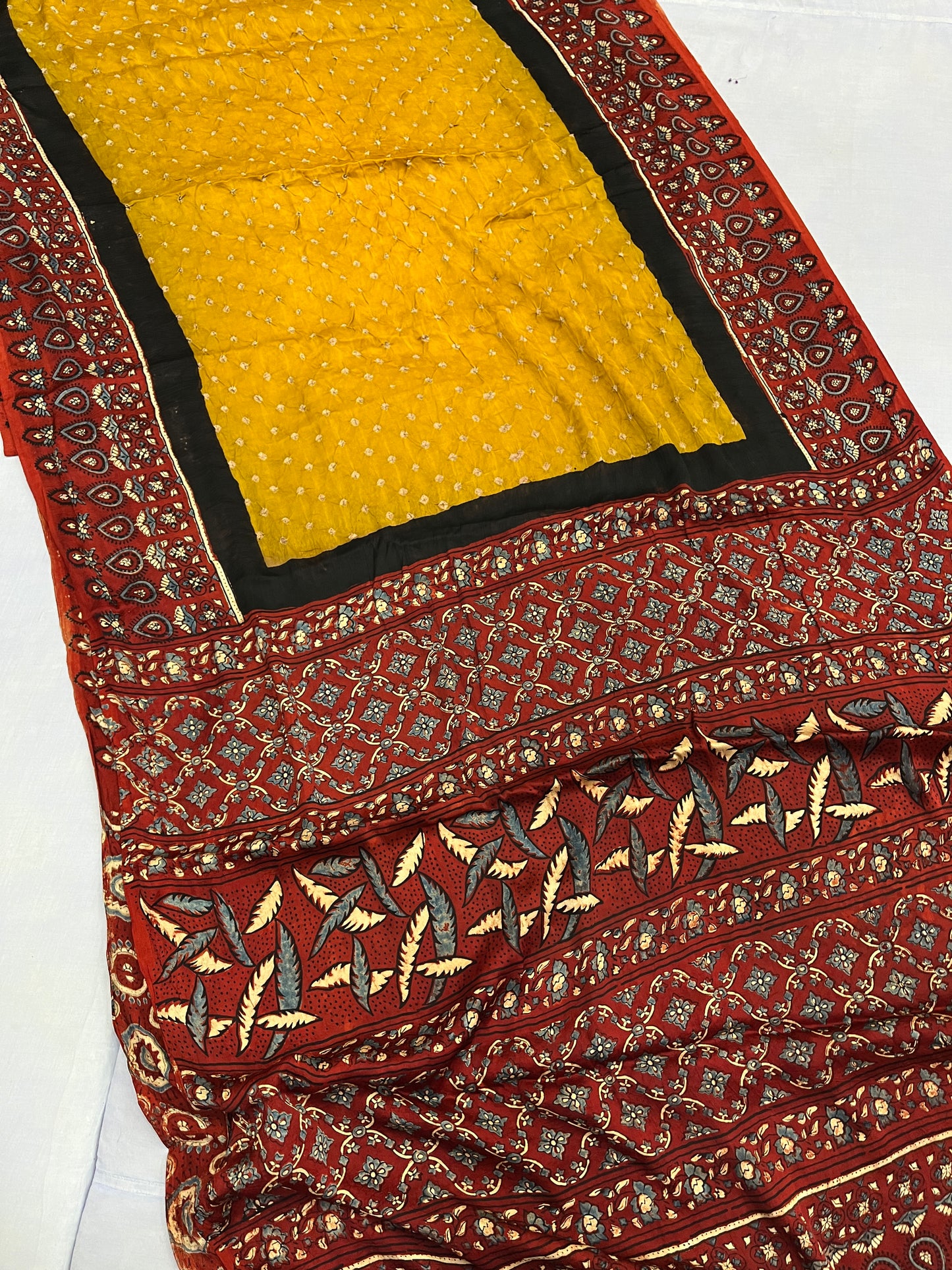 Mustard Black Red Bandhani Ajrakh Modal Silk Saree