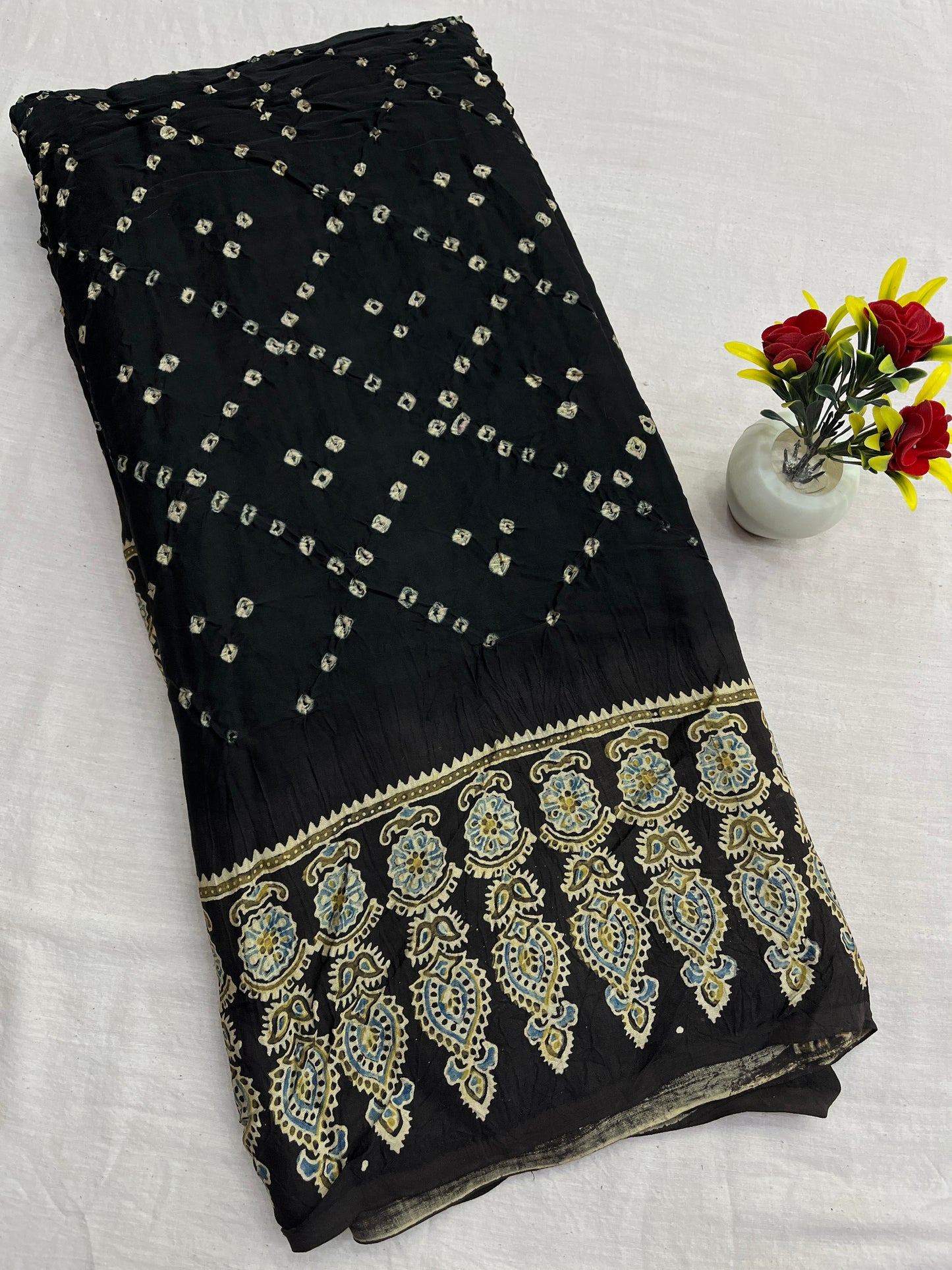 Black To Black Bandhani Ajrakh Modal Silk Saree