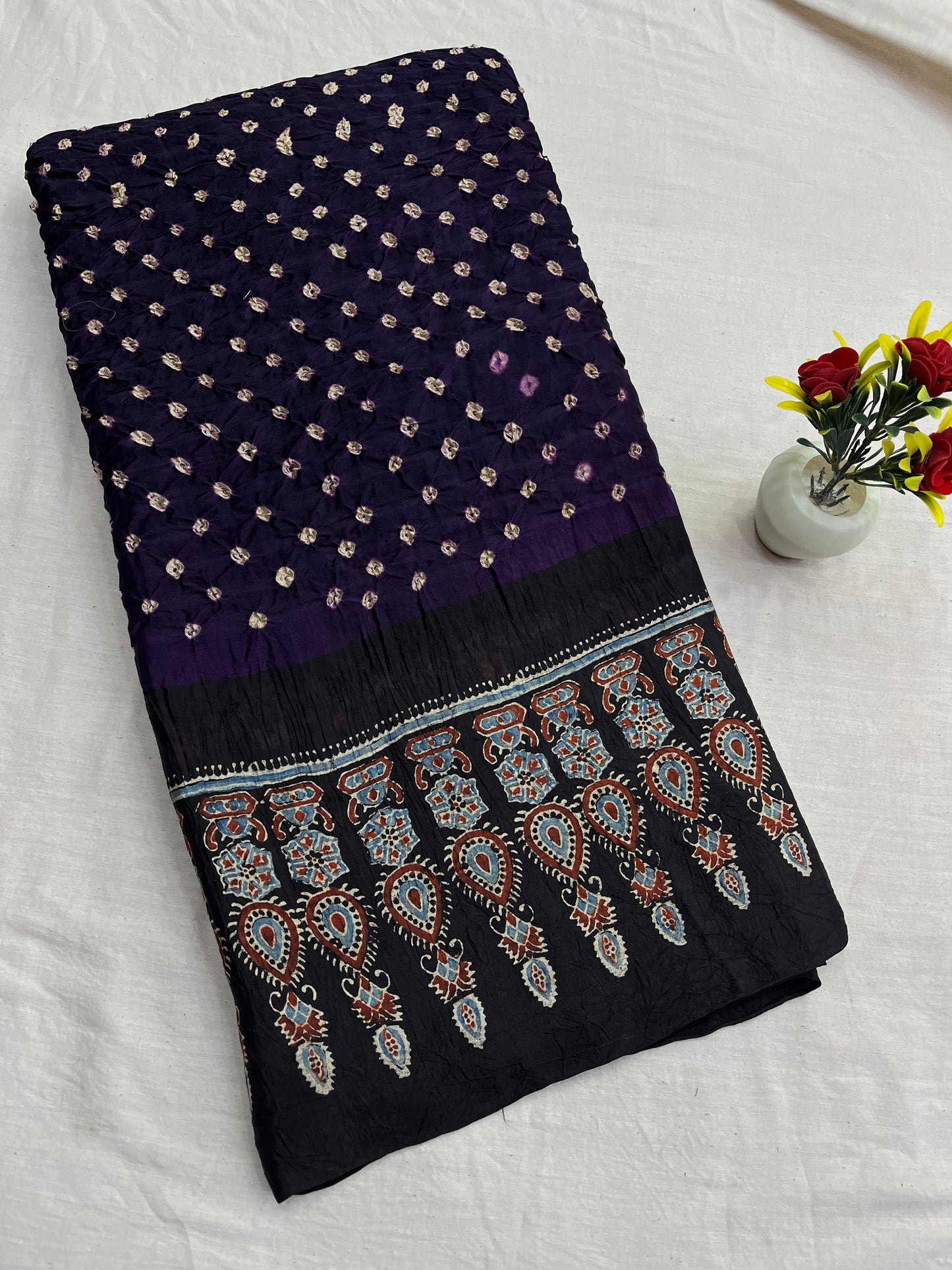 Violet Black Bandhani Ajrakh Modal Silk Saree