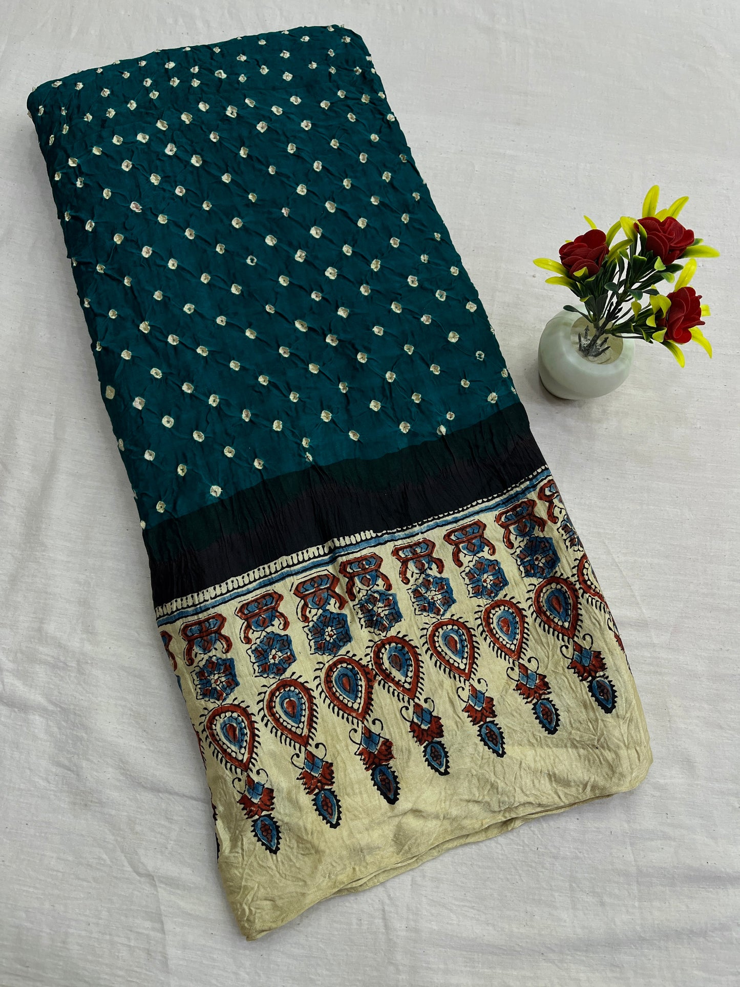 Rama Cream Bandhani Ajrakh Modal Silk Saree