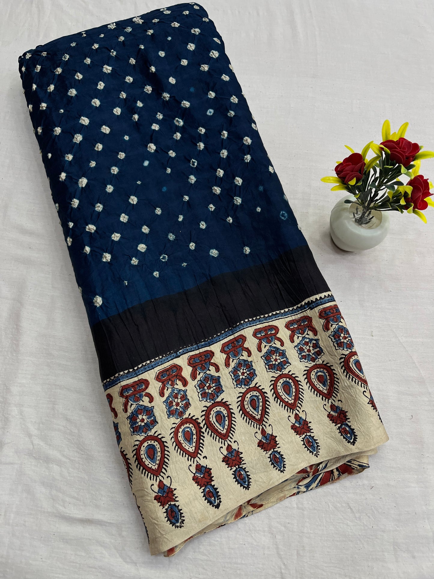 Teal Cream Bandhani Ajrakh Modal Silk Saree