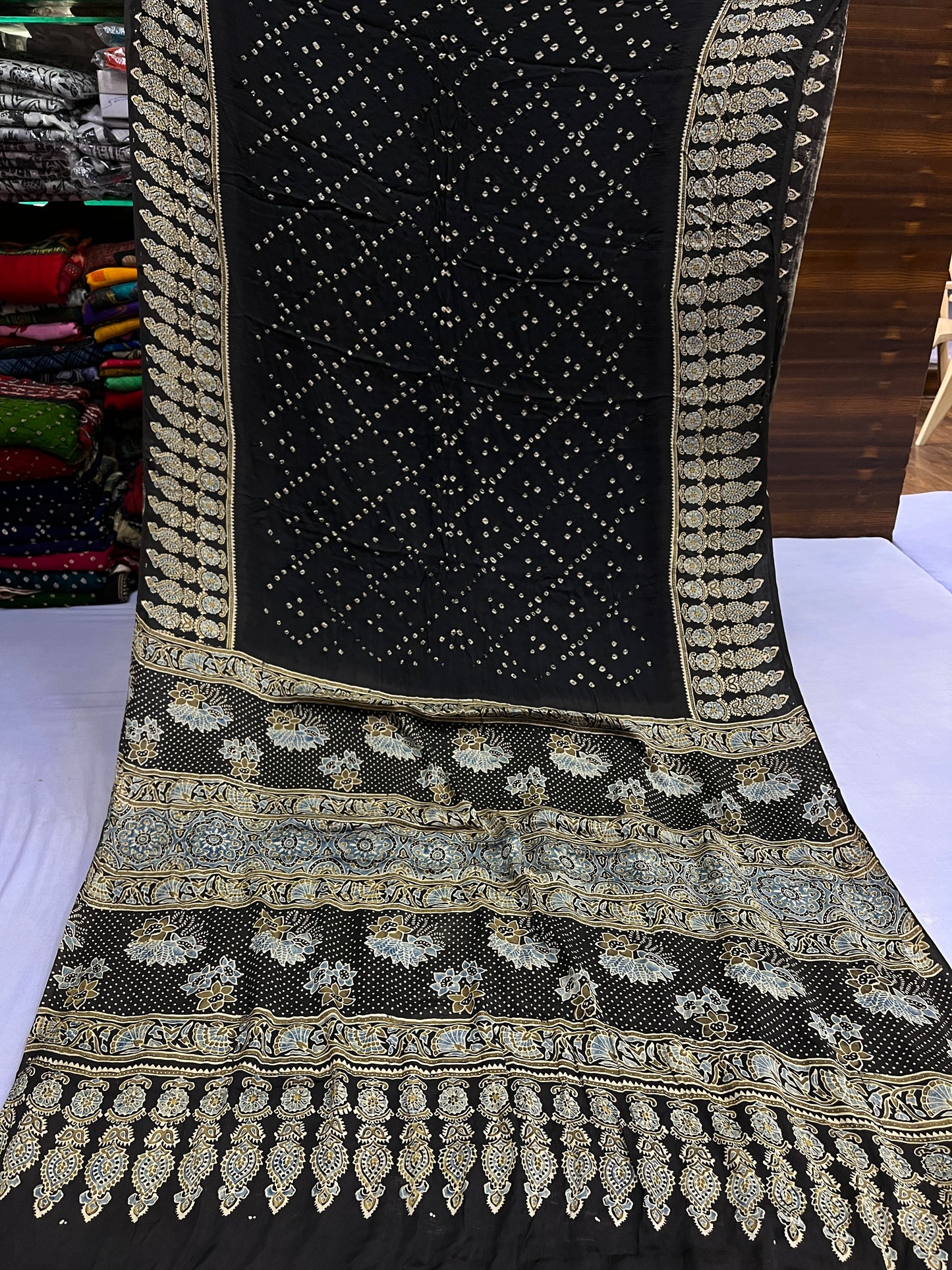 Black To Black Bandhani Ajrakh Modal Silk Saree