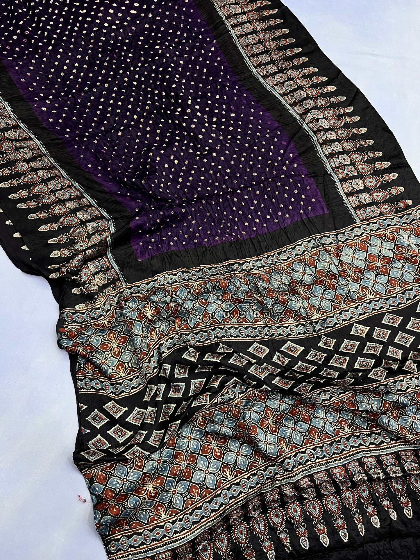 Violet Black Bandhani Ajrakh Modal Silk Saree