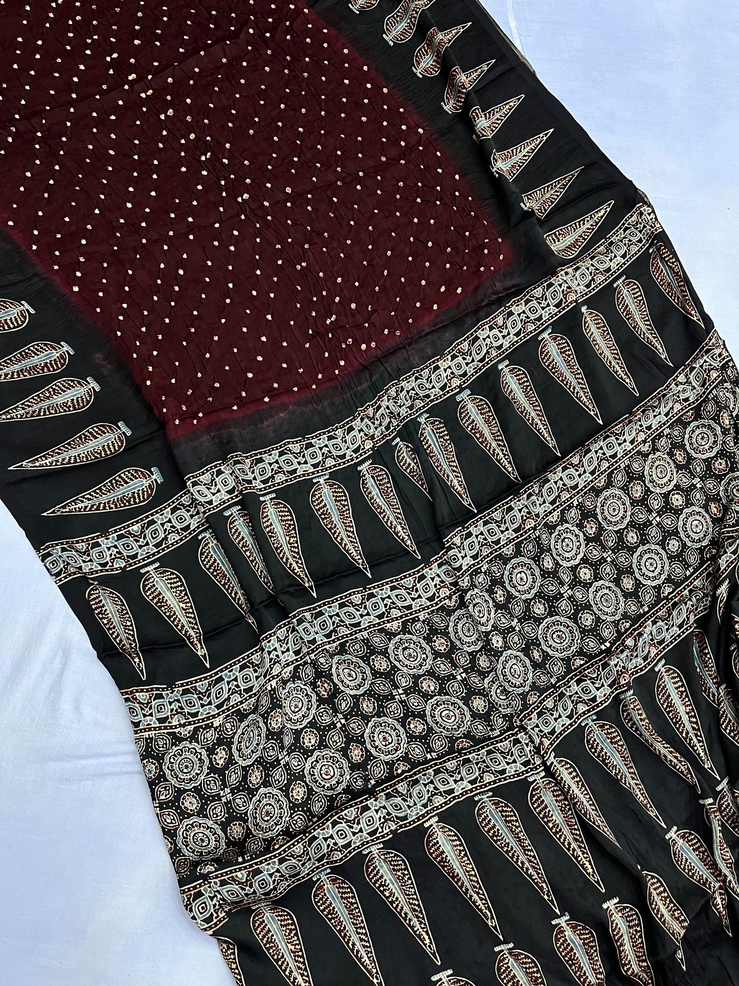 Brown Black Bandhani Ajrakh Modal Silk Saree