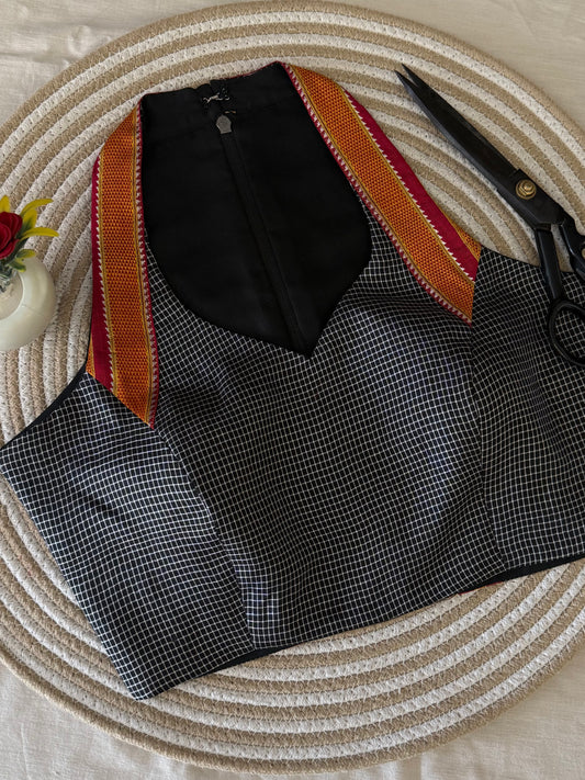 Black Red Ilkal Checks Halter Neck Blouse