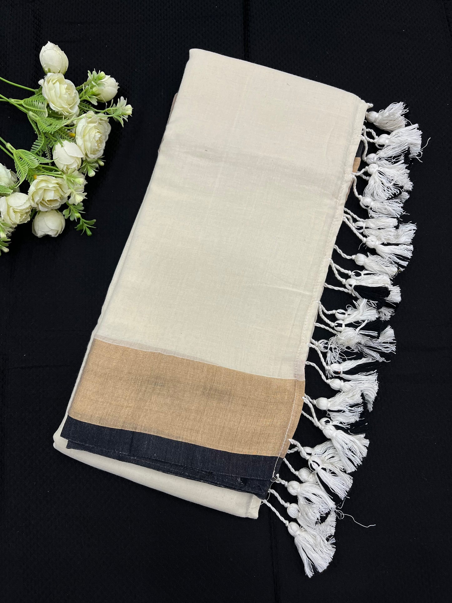 Creamy Black Tissue Border Mulmul Saree