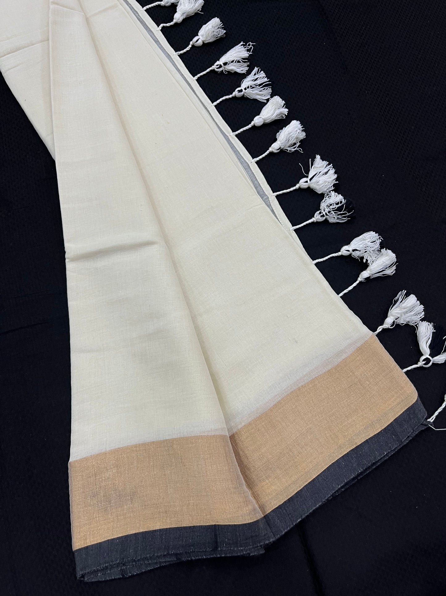 Creamy Black Tissue Border Mulmul Saree