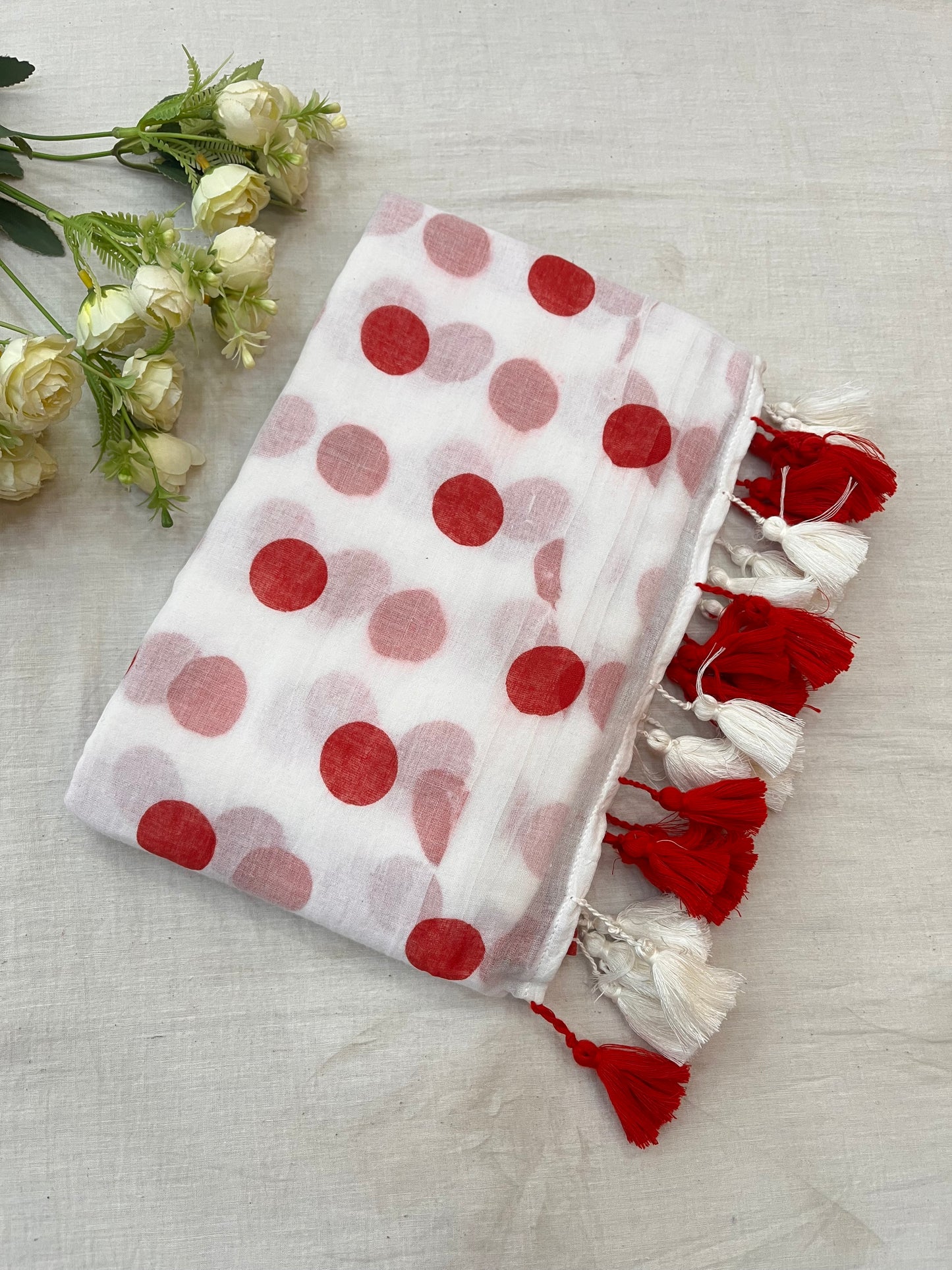 White Red Polka Dot Mulmul Saree