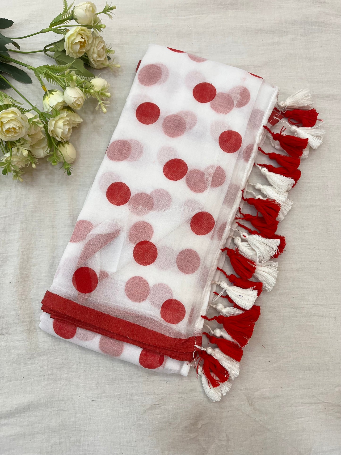 White Red Polka Dot Mulmul Saree