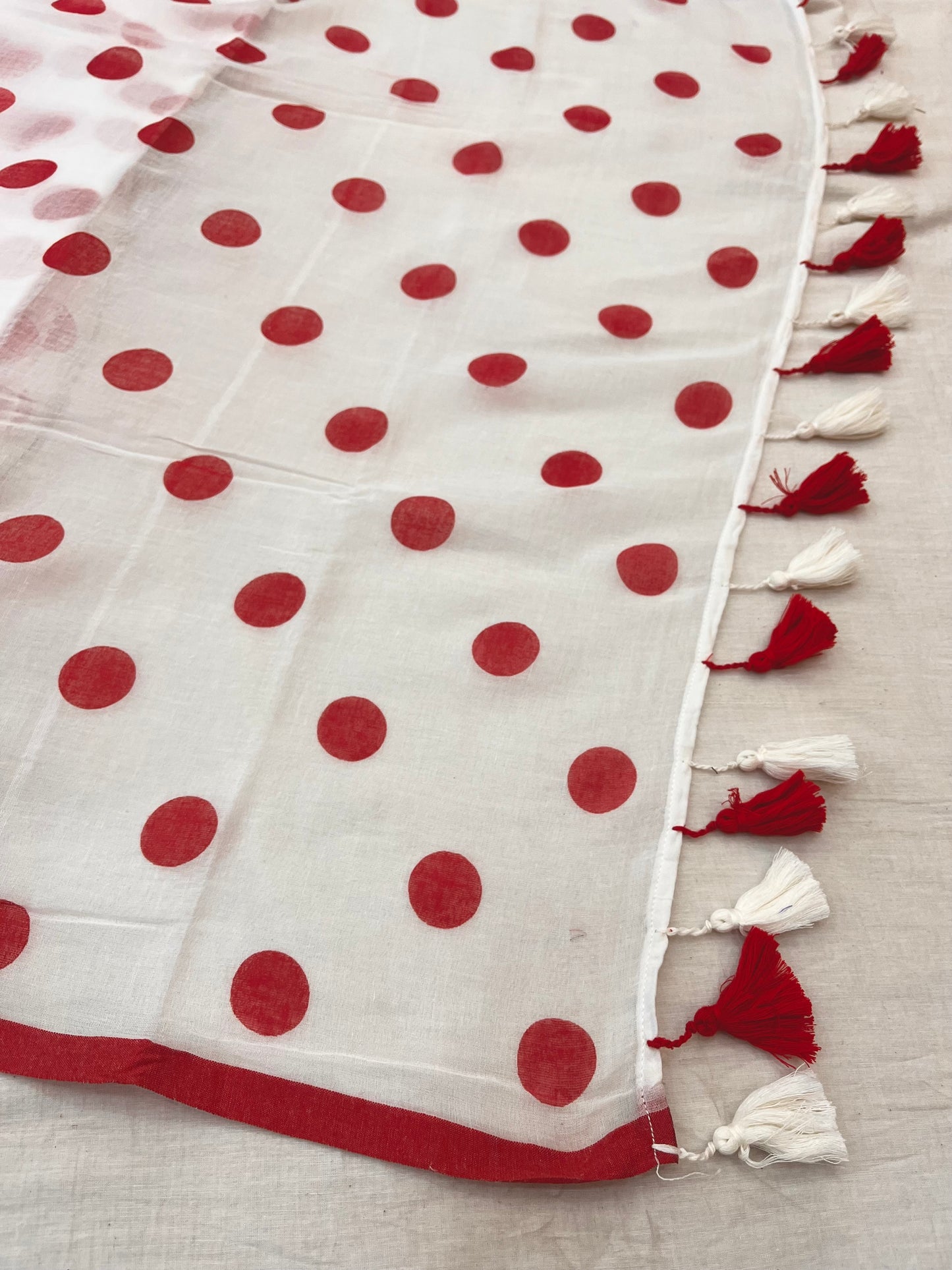 White Red Polka Dot Mulmul Saree