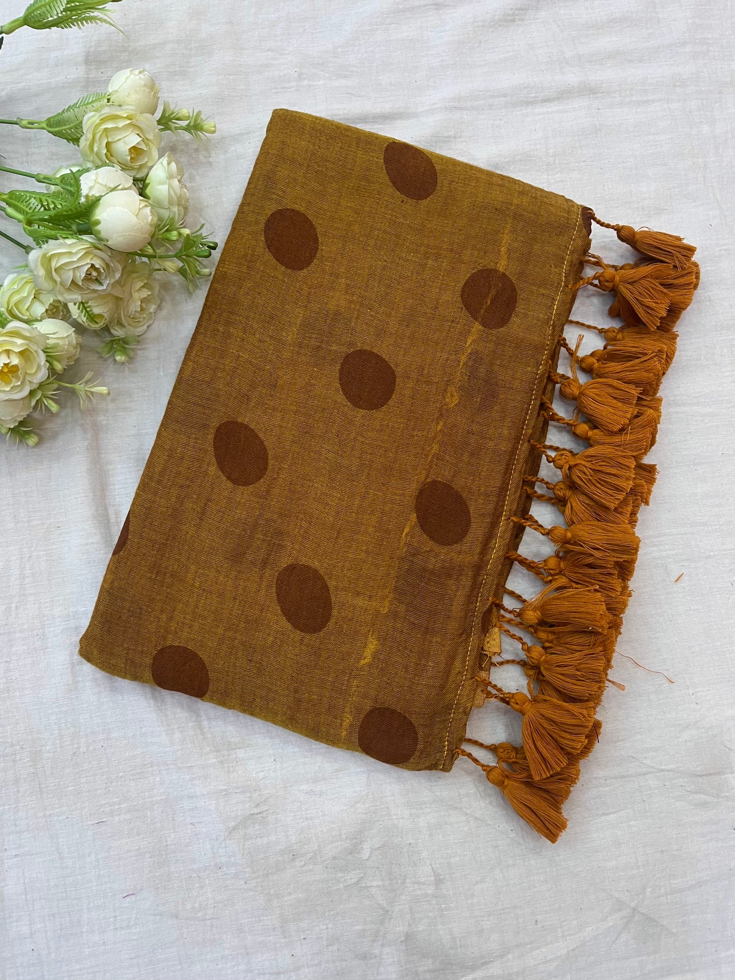 Mustard Brown Polka Dot Mulmul Saree