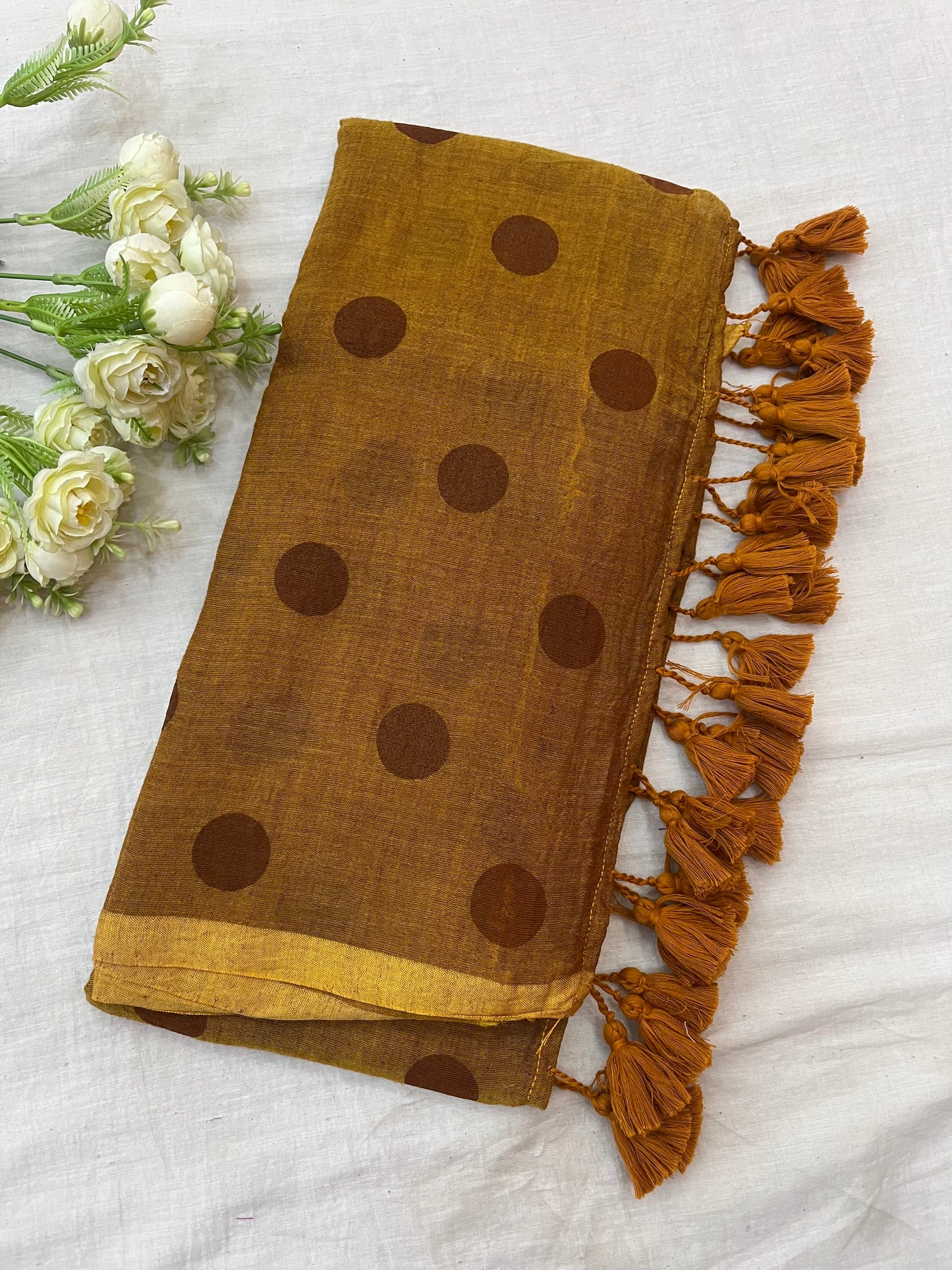 Mustard Brown Polka Dot Mulmul Saree