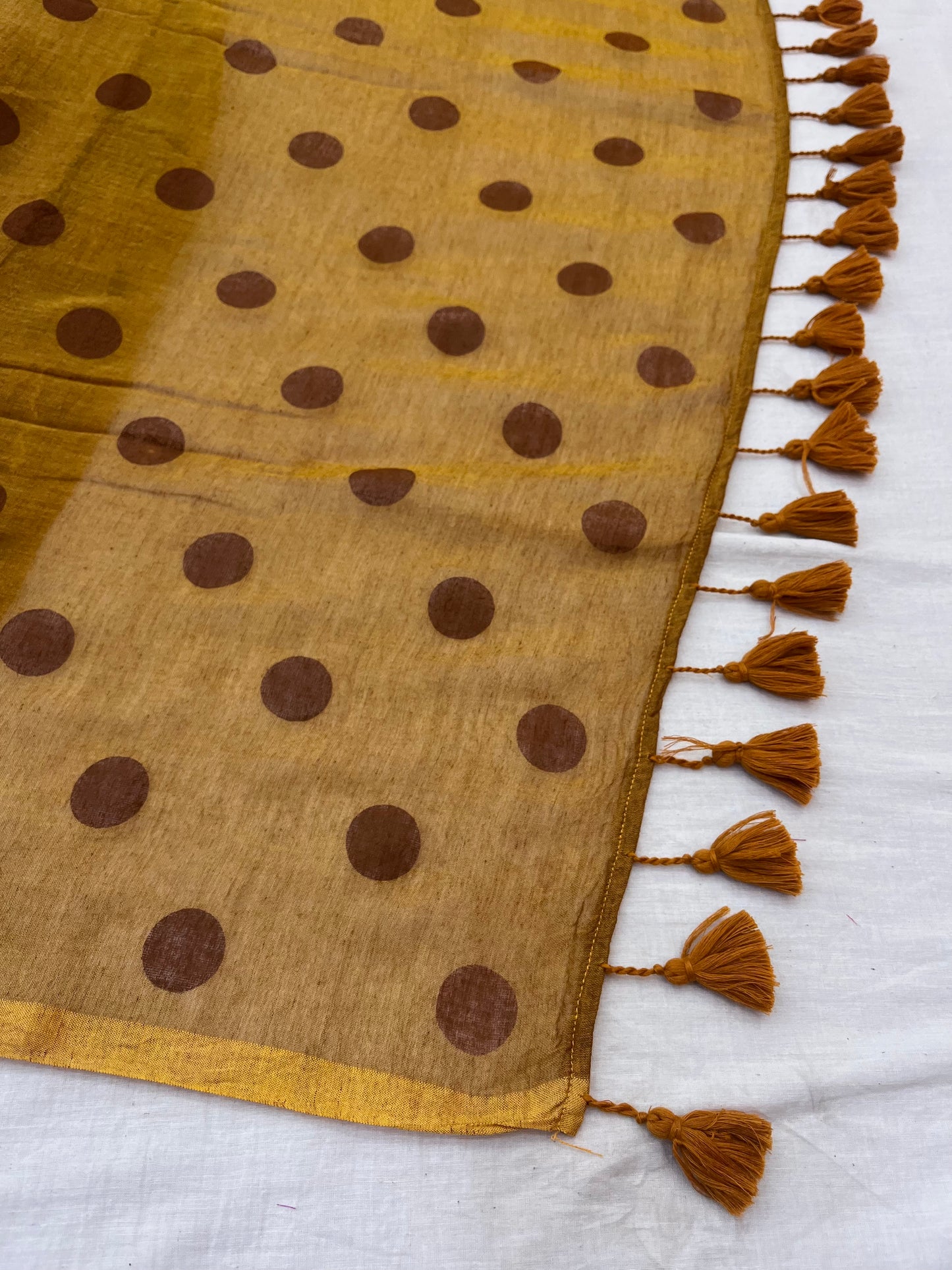 Mustard Brown Polka Dot Mulmul Saree