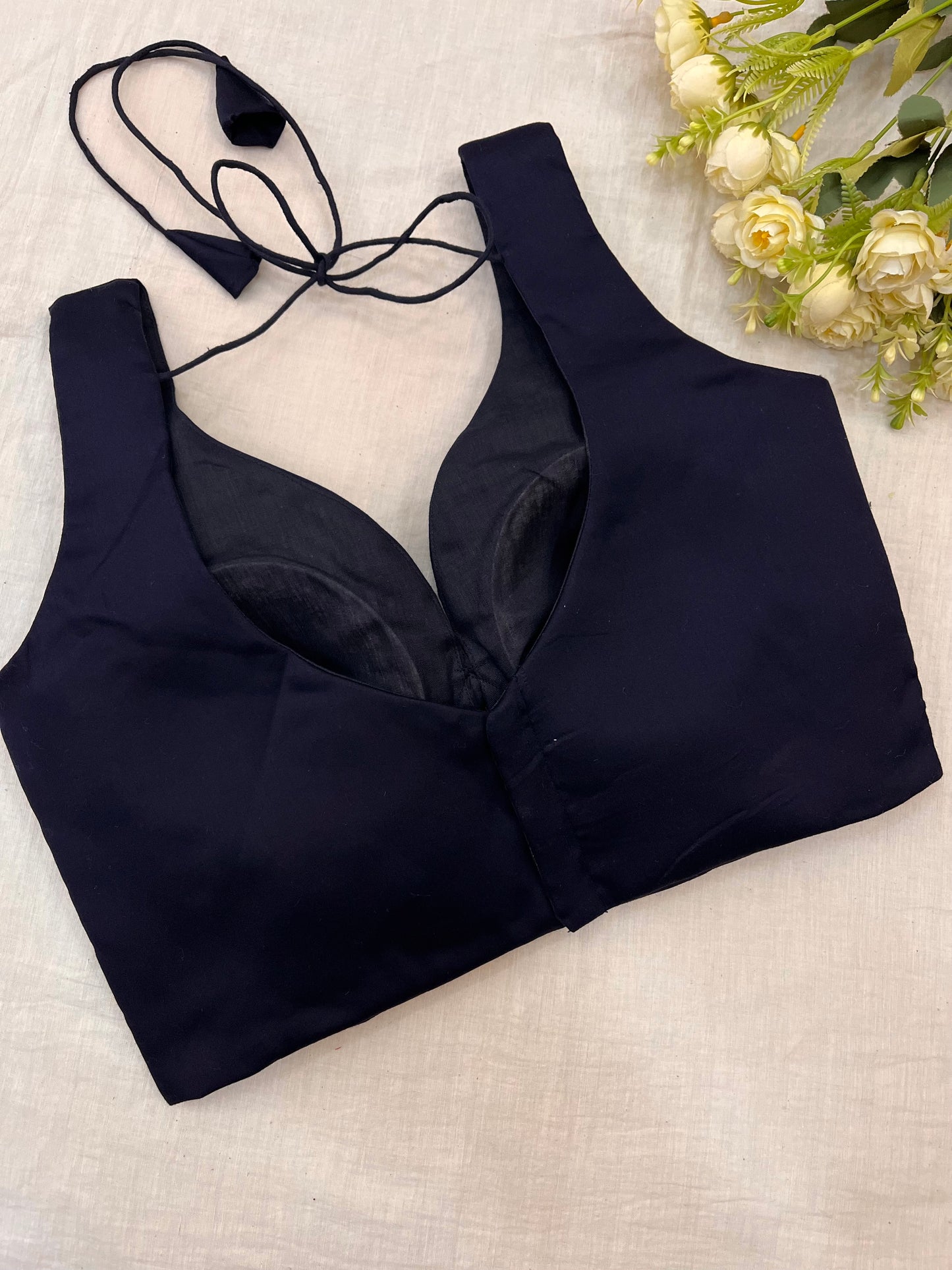 Navy Blue Leaf Neck Sleeveless Blouse