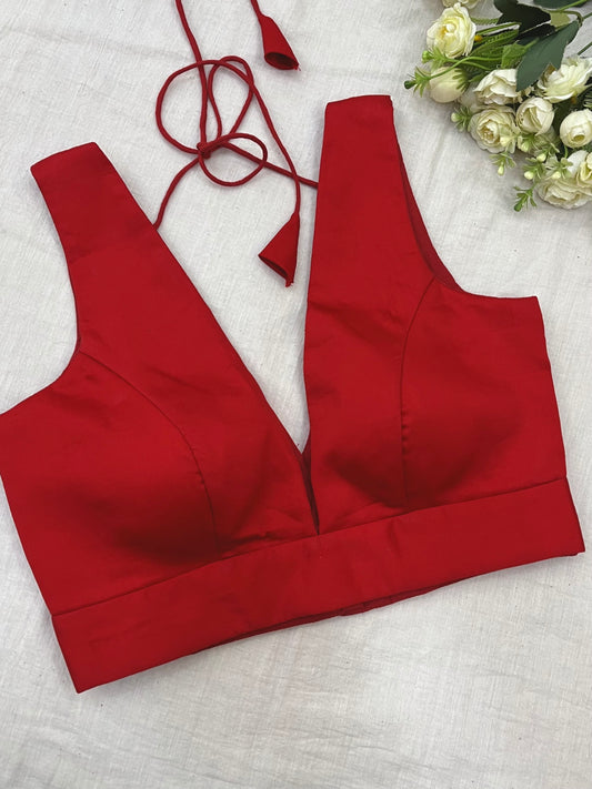 Red Belt Style V Neck Sleeveless Blouse