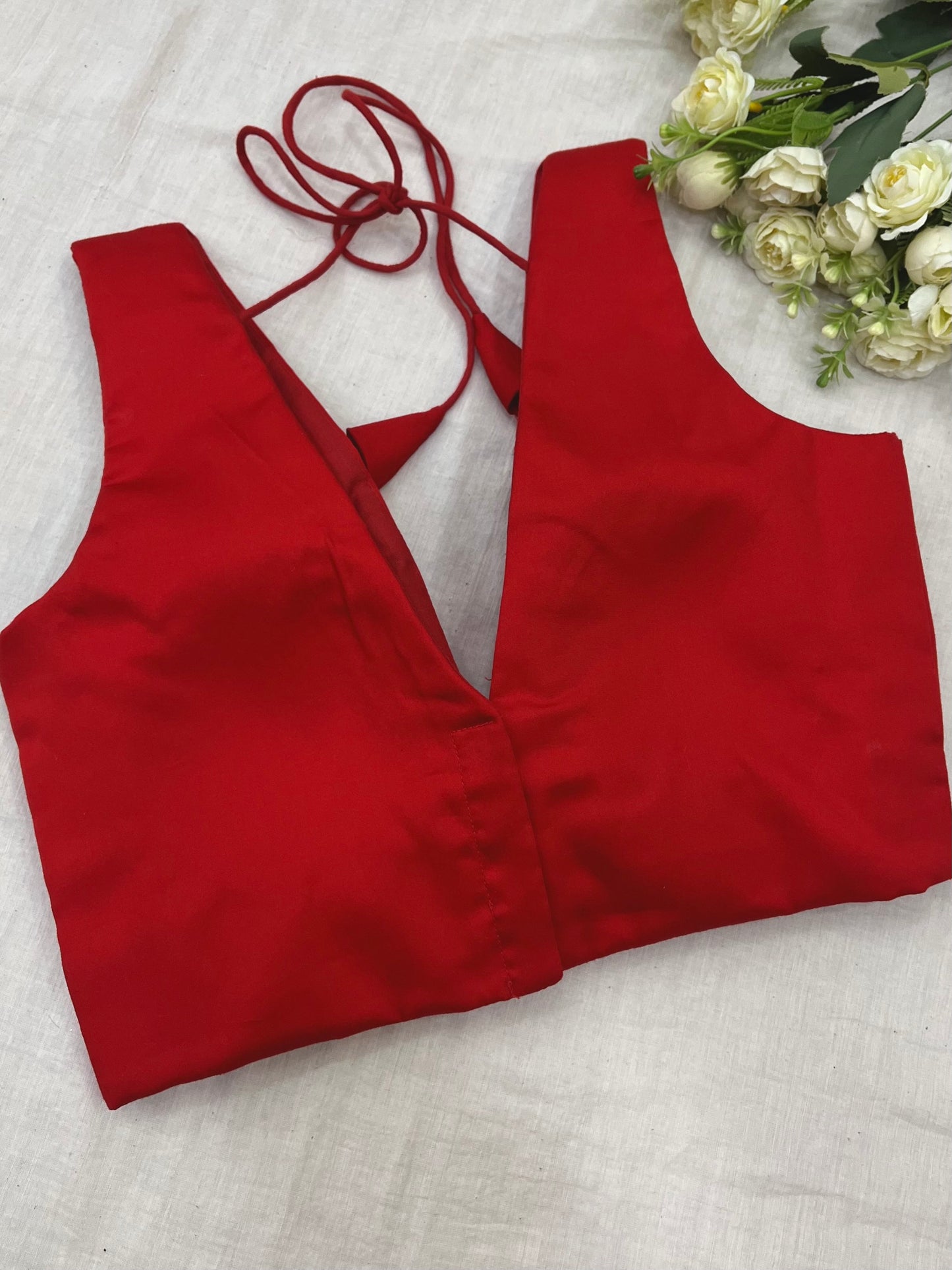 Red Belt Style V Neck Sleeveless Blouse