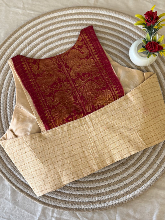 Maroon Beige Sungudi Cotton Racer Back Blouse