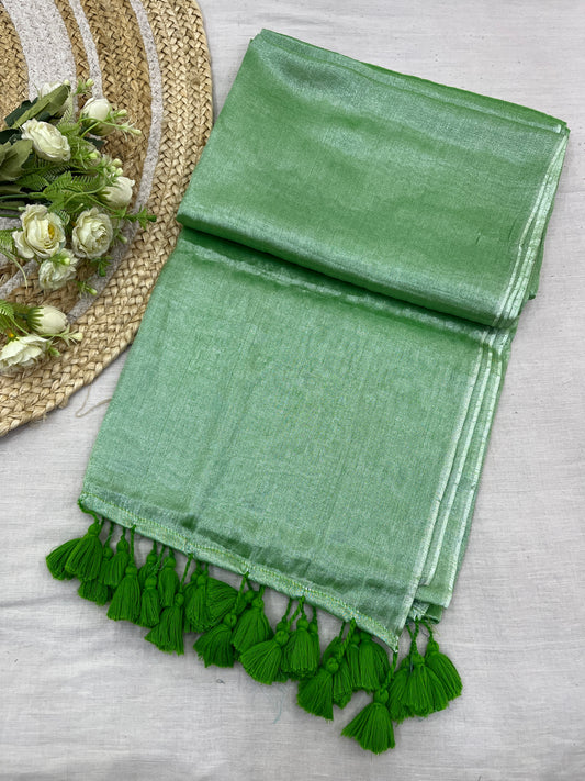 Parrot Green Tissue Mulmul Saree