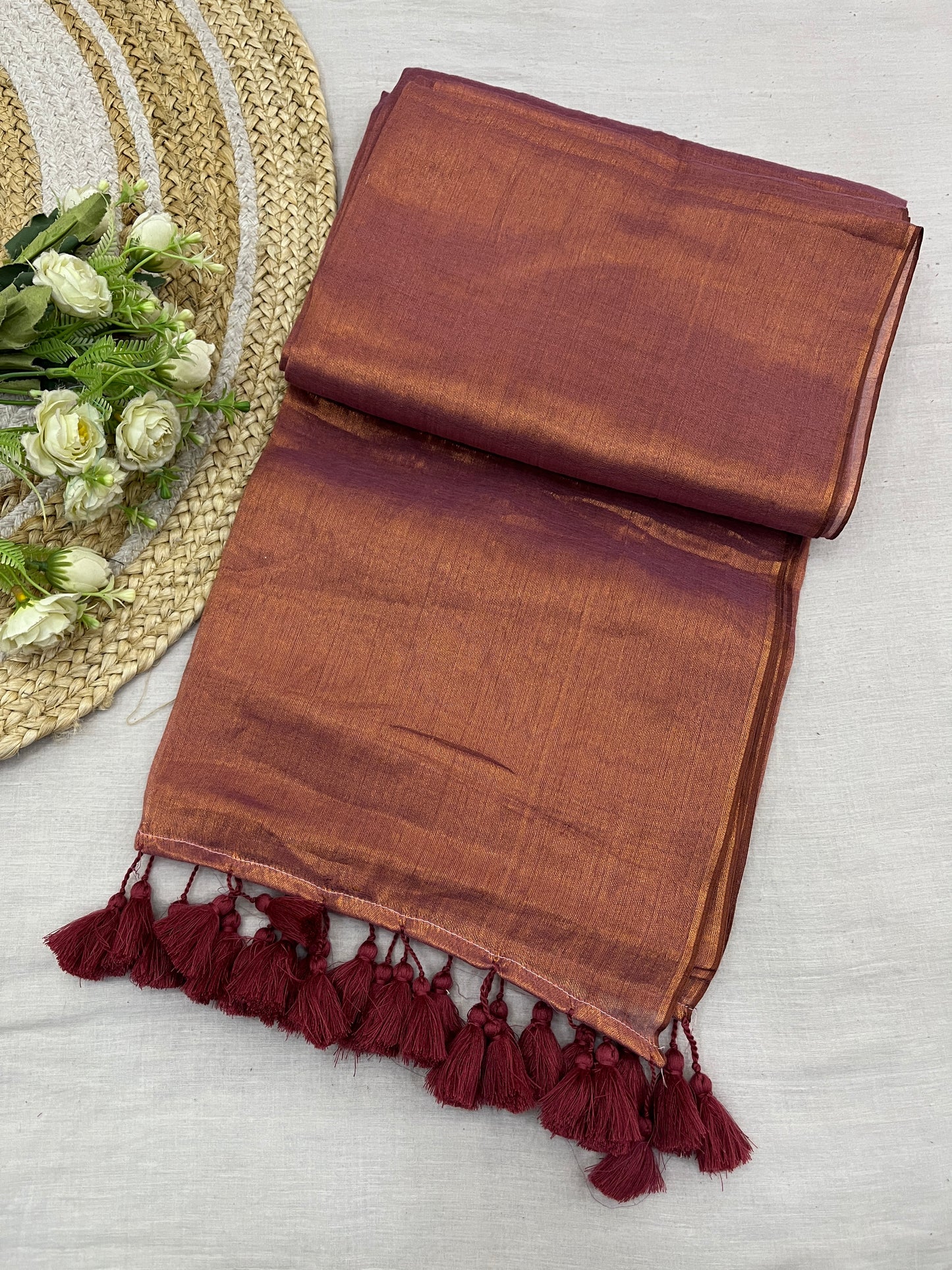 Flirty Rusty Tissue Mulmul Saree