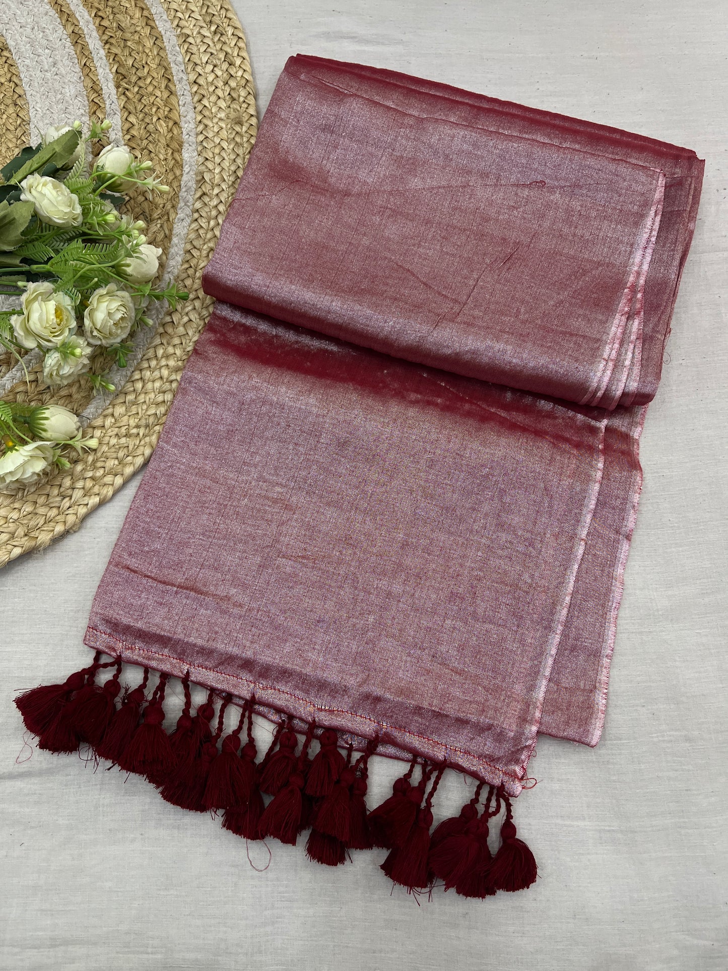 Maroon Silver Tissue Mulmul Saree