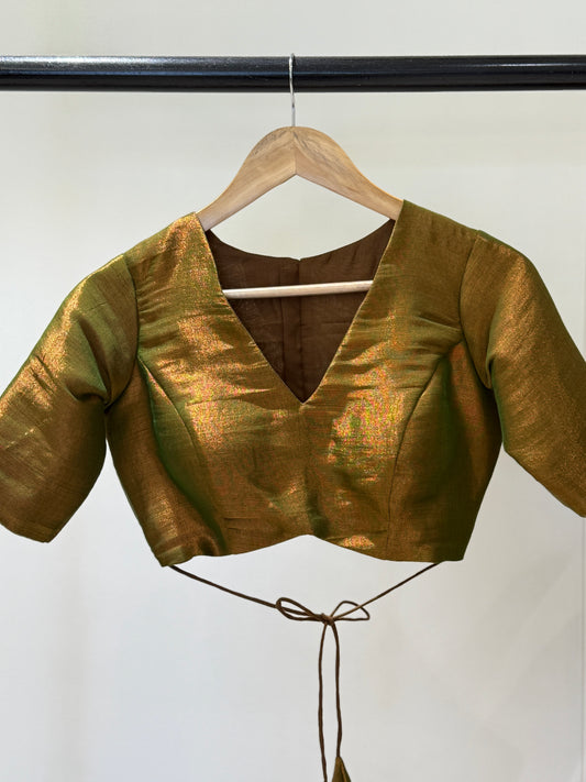 Green Gold Butterfly Tissue Mulmul Blouse