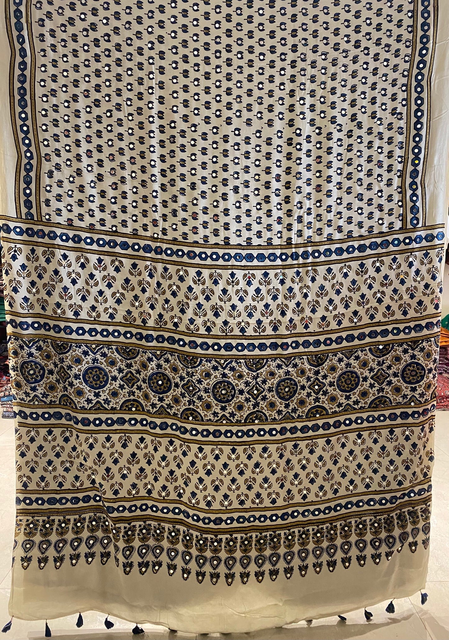 Creamy White Lotus Jalna Ajrakh Mirror Saree