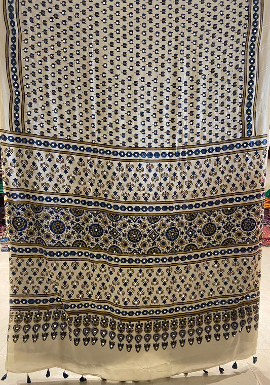 Creamy White Lotus Jalna Ajrakh Mirror Saree