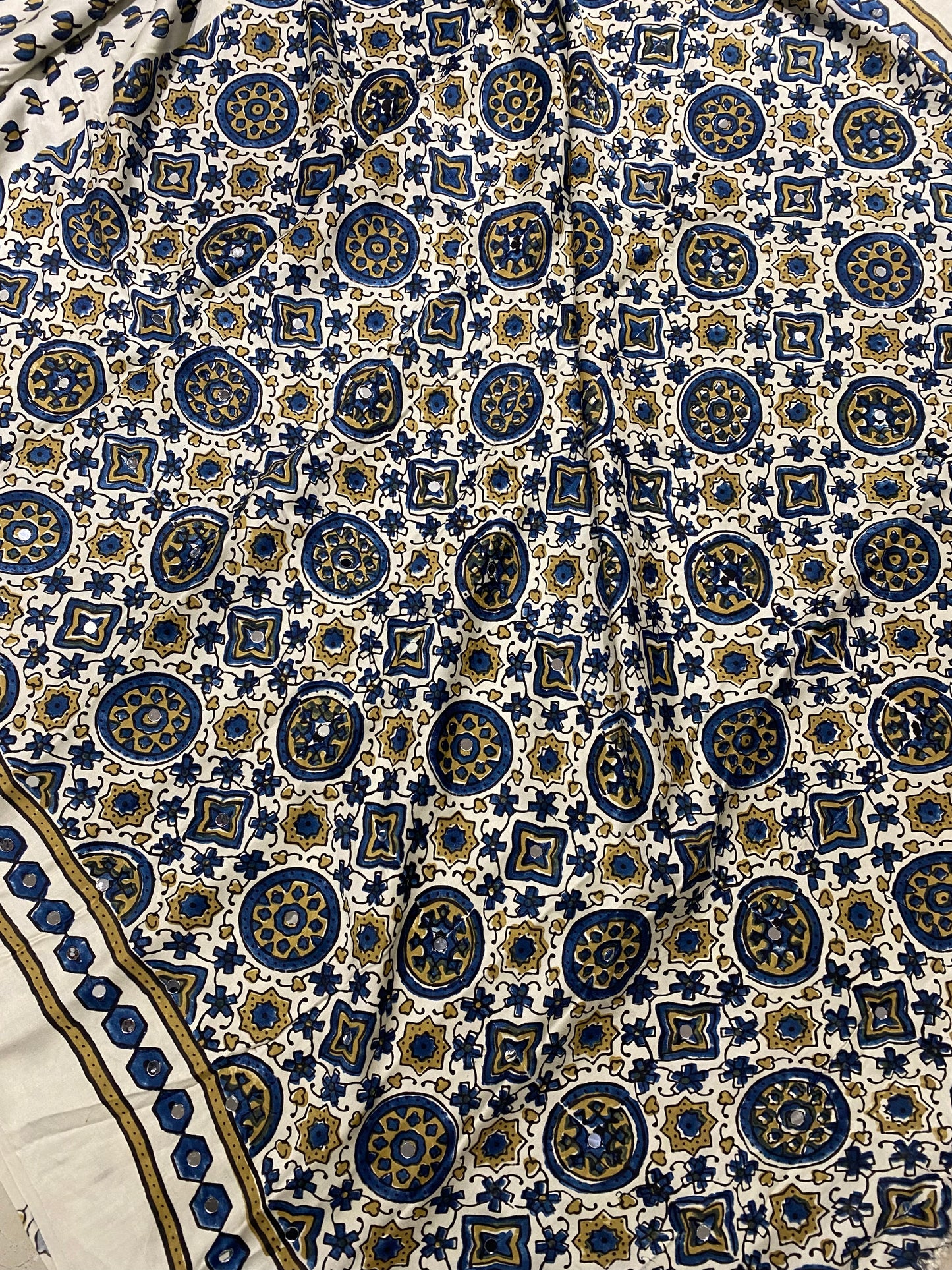 Creamy White Lotus Jalna Ajrakh Mirror Saree