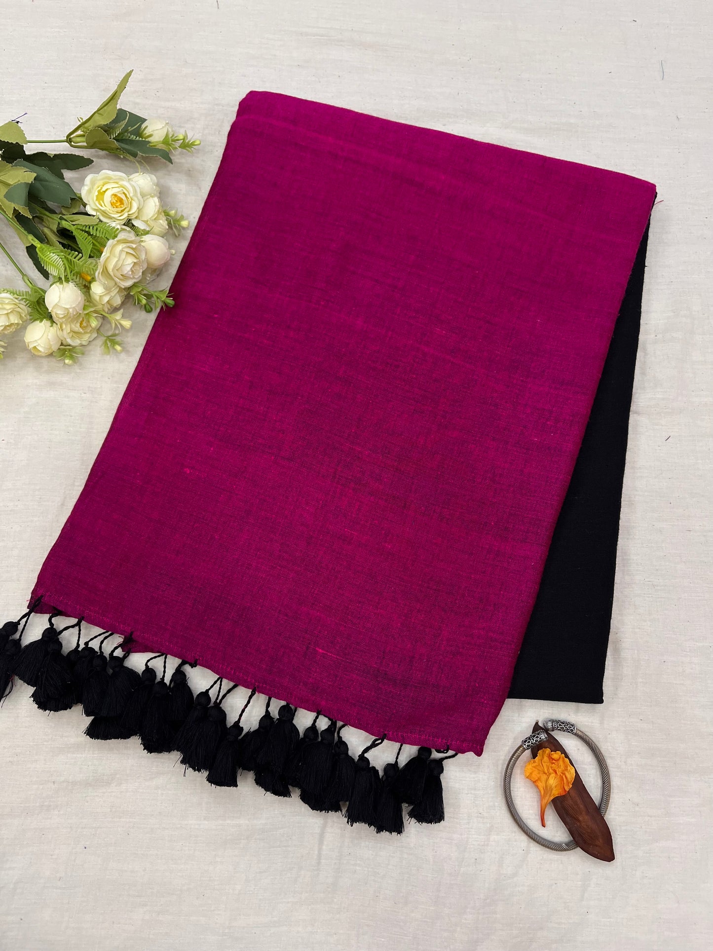 Hot Pink Black Acrylic Cotton Saree