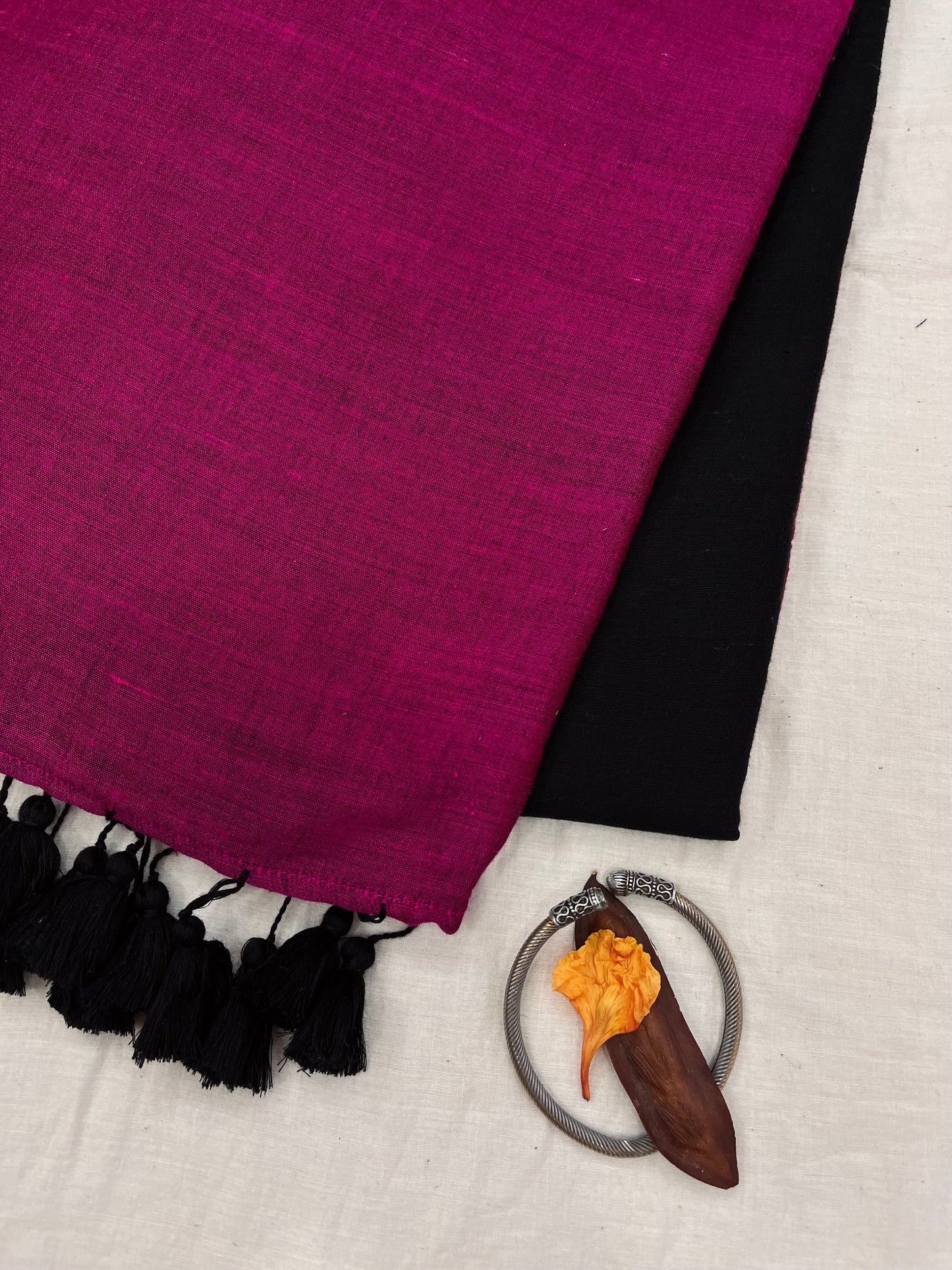 Hot Pink Black Acrylic Cotton Saree