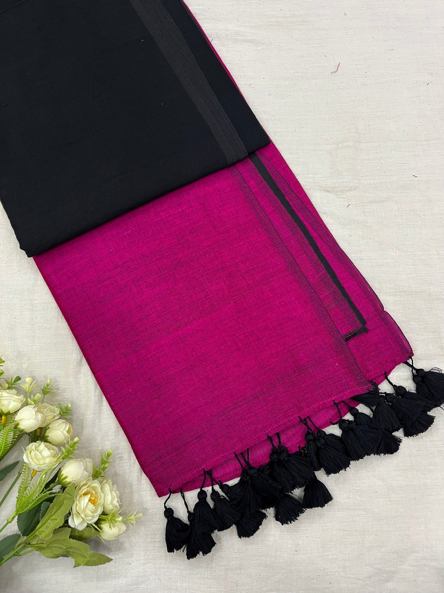 Hot Pink Black Acrylic Cotton Saree