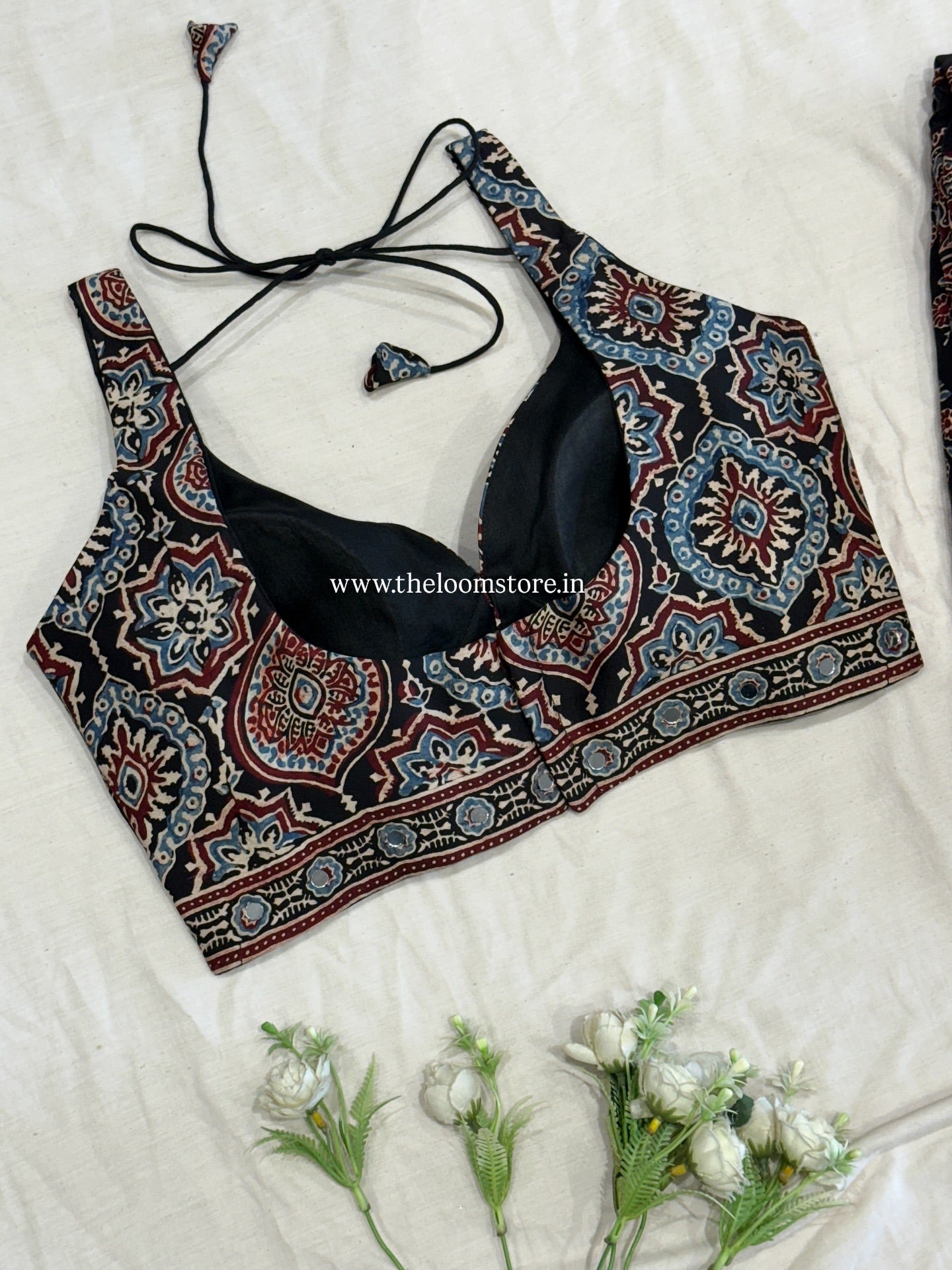 Kaal Tara Ajrakh Mirror Saree Blouse Set