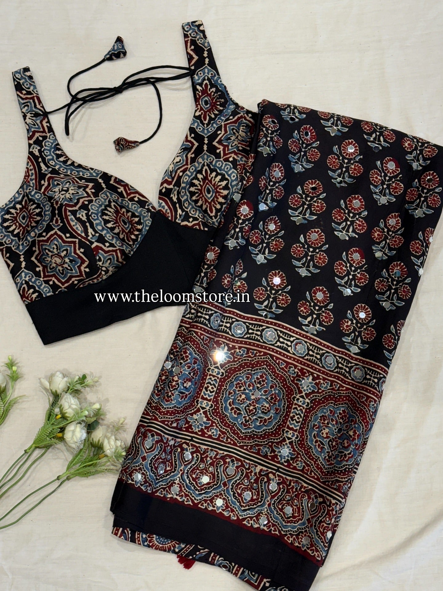 Kaal Tara Ajrakh Mirror Saree Blouse Set