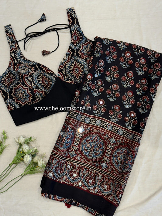 Kaal Tara Ajrakh Mirror Saree Blouse Set