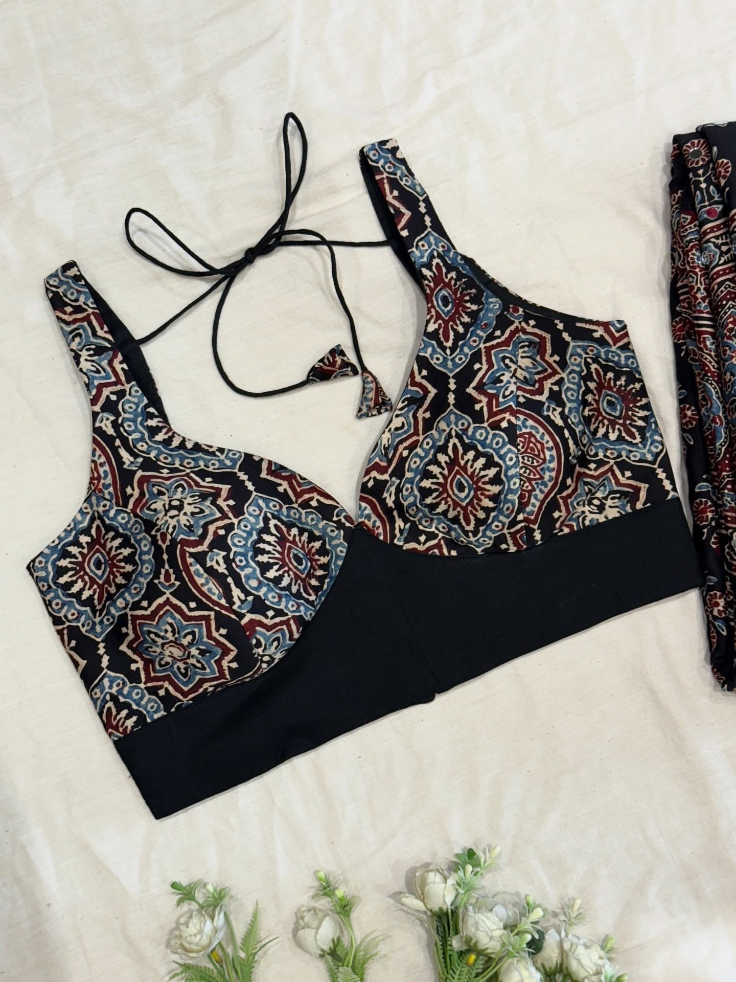 Kaal Tara Ajrakh Mirror Saree Blouse Set