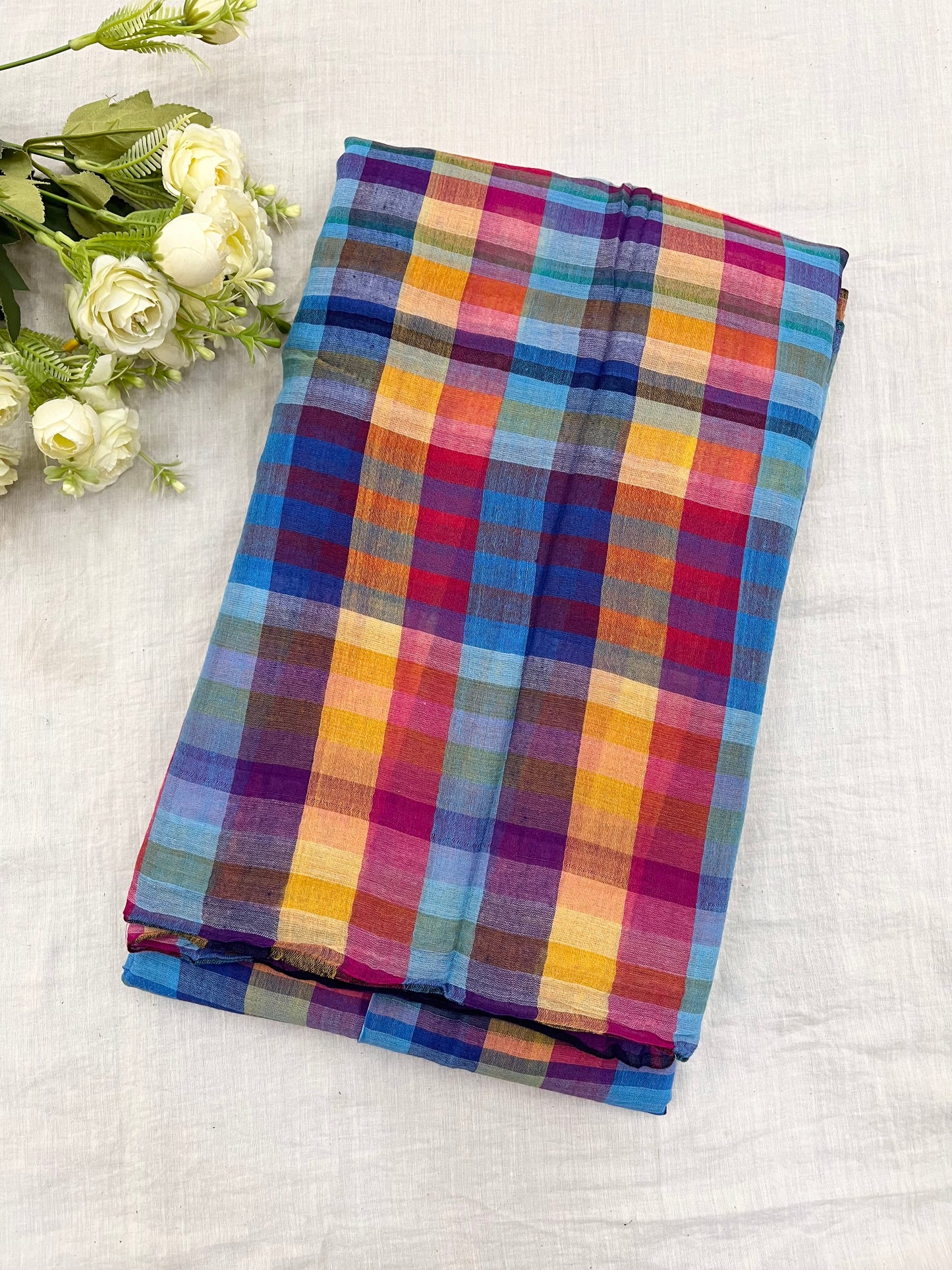 Rainbow Checks Mulmul Saree