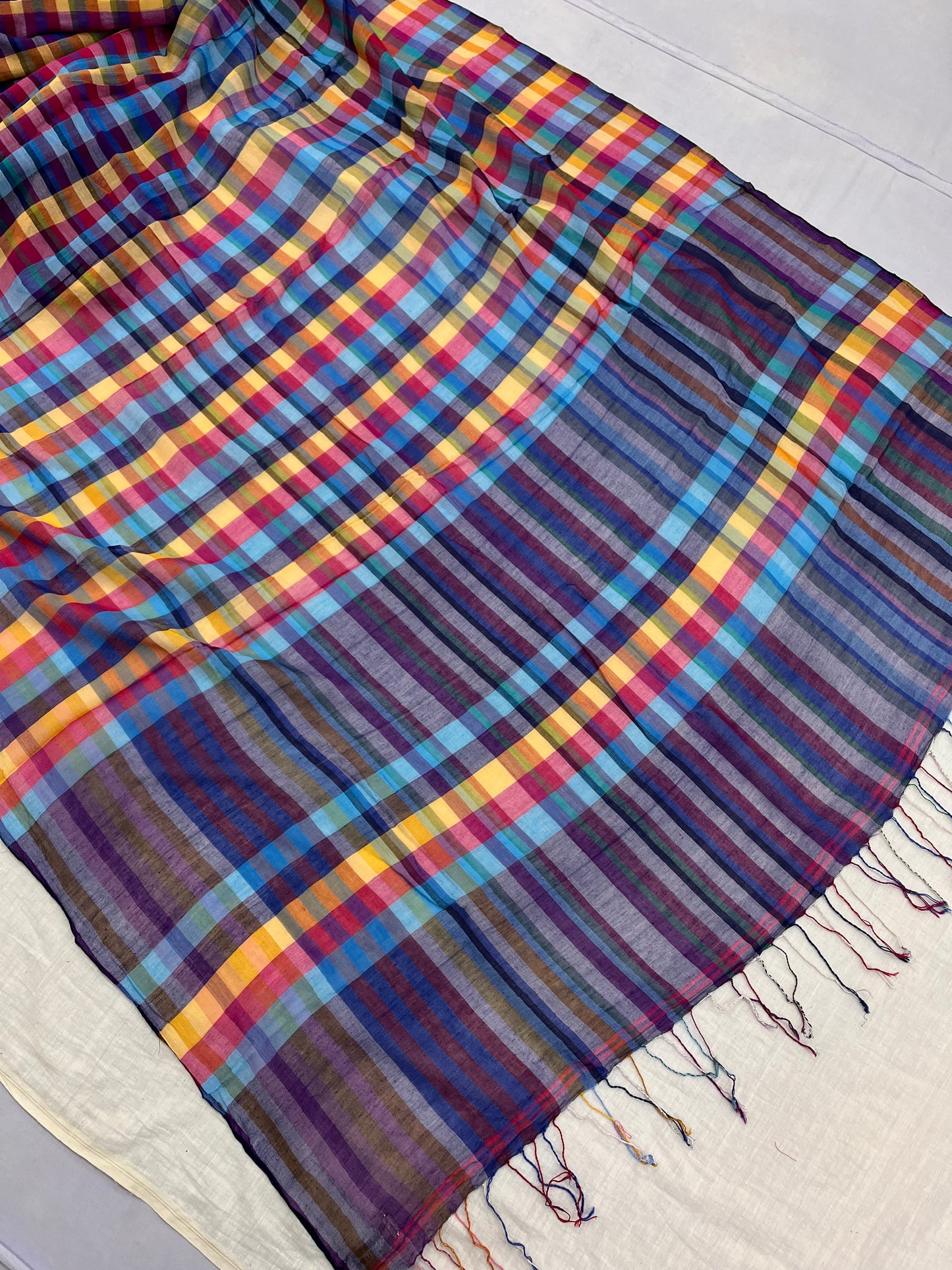 Rainbow Checks Mulmul Saree