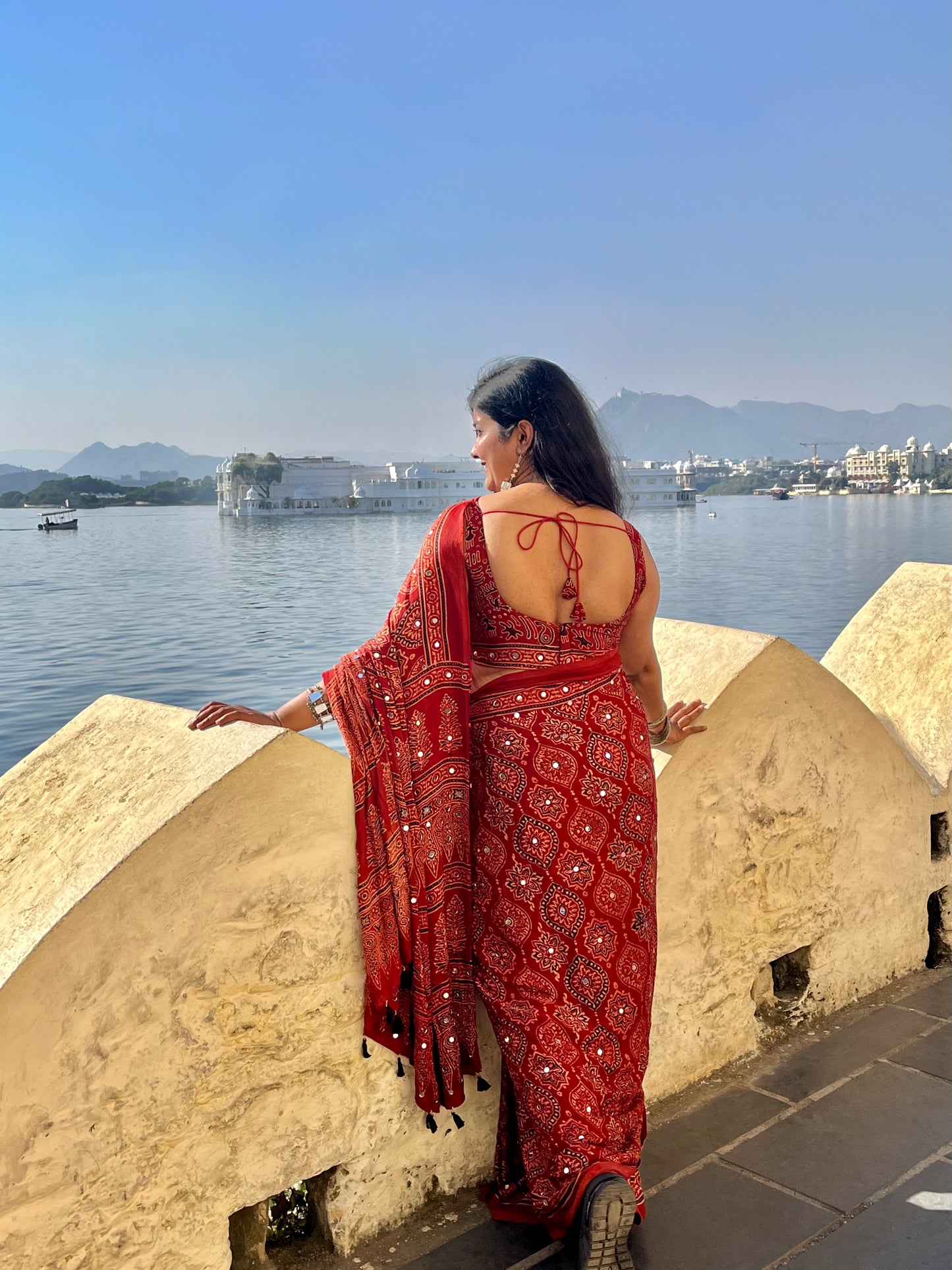 Rust Red Badam Ajrakh Mirror Work Saree (Dispatch Start Jan 10th)