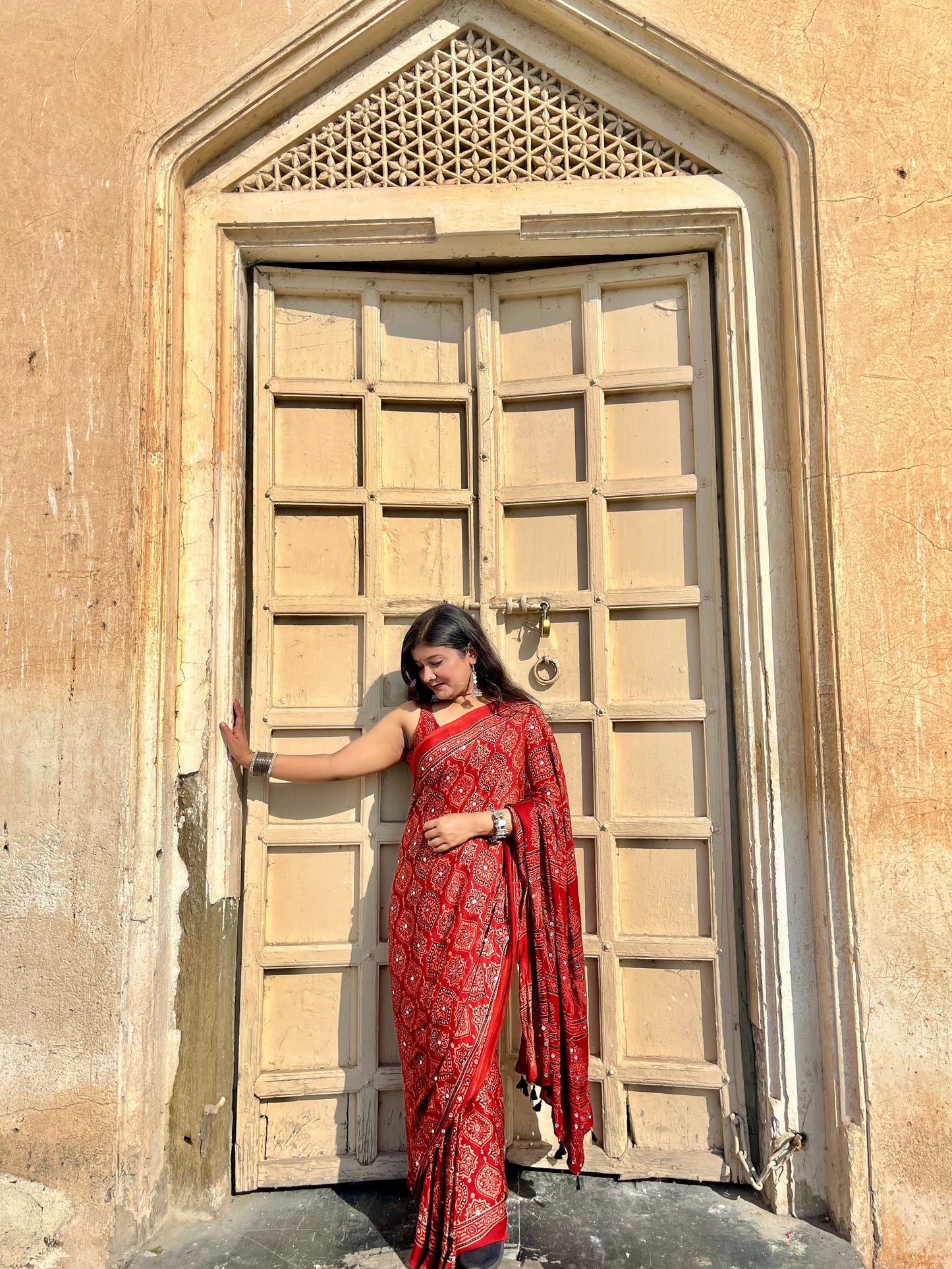 Rust Red Badam Ajrakh Mirror Work Saree (Dispatch Start Jan 10th)