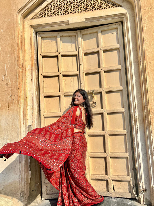 Rust Red Badam Ajrakh Mirror Work Saree (Dispatch Start Jan 10th)