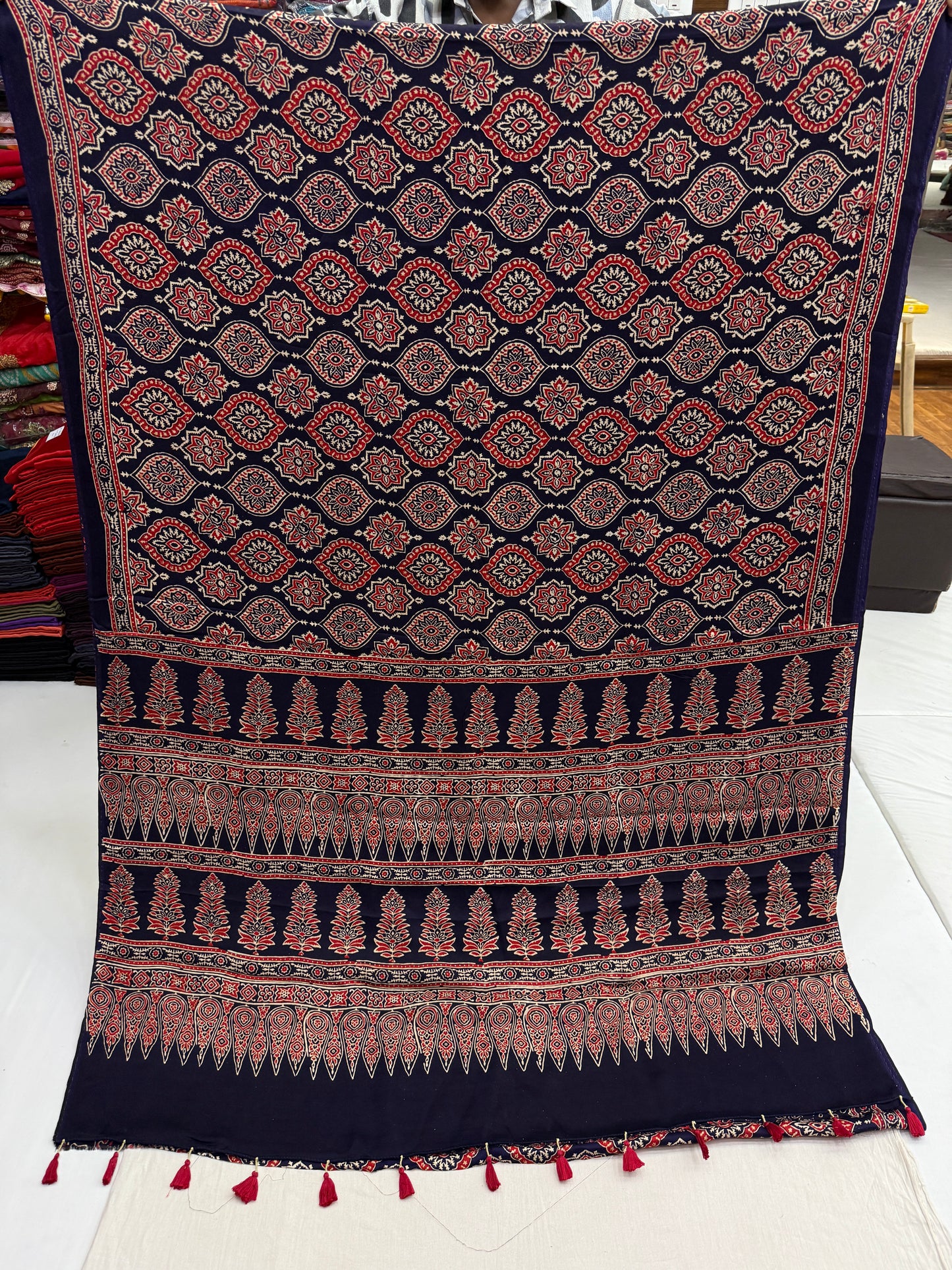 Navy Blue Badam Ajrakh Print Modal Silk Saree