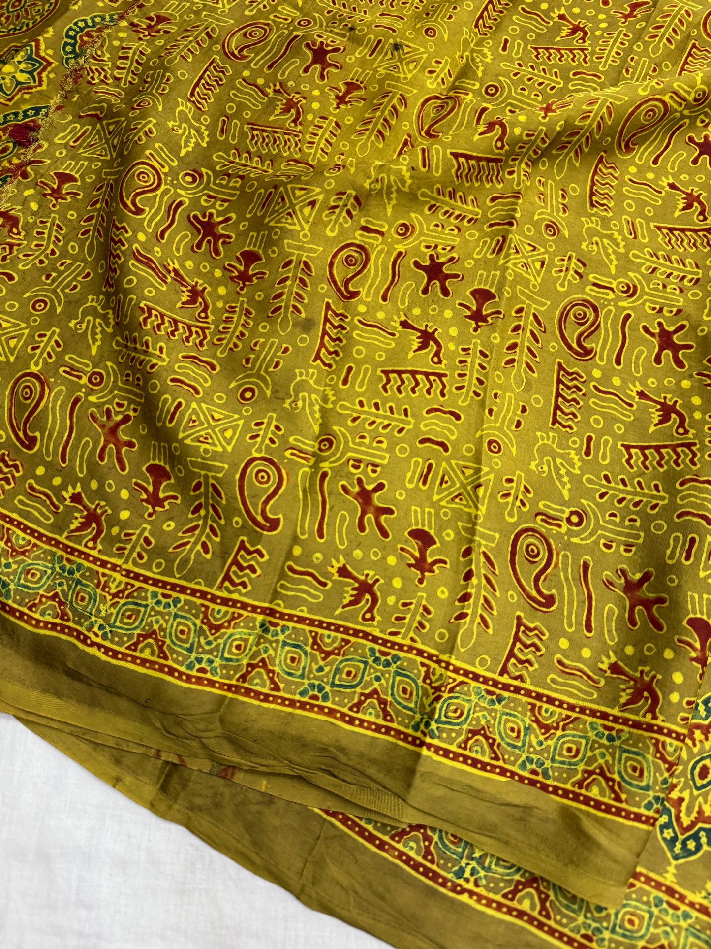 Olive Mustard Badam Ajrakh Print Modal Silk Saree