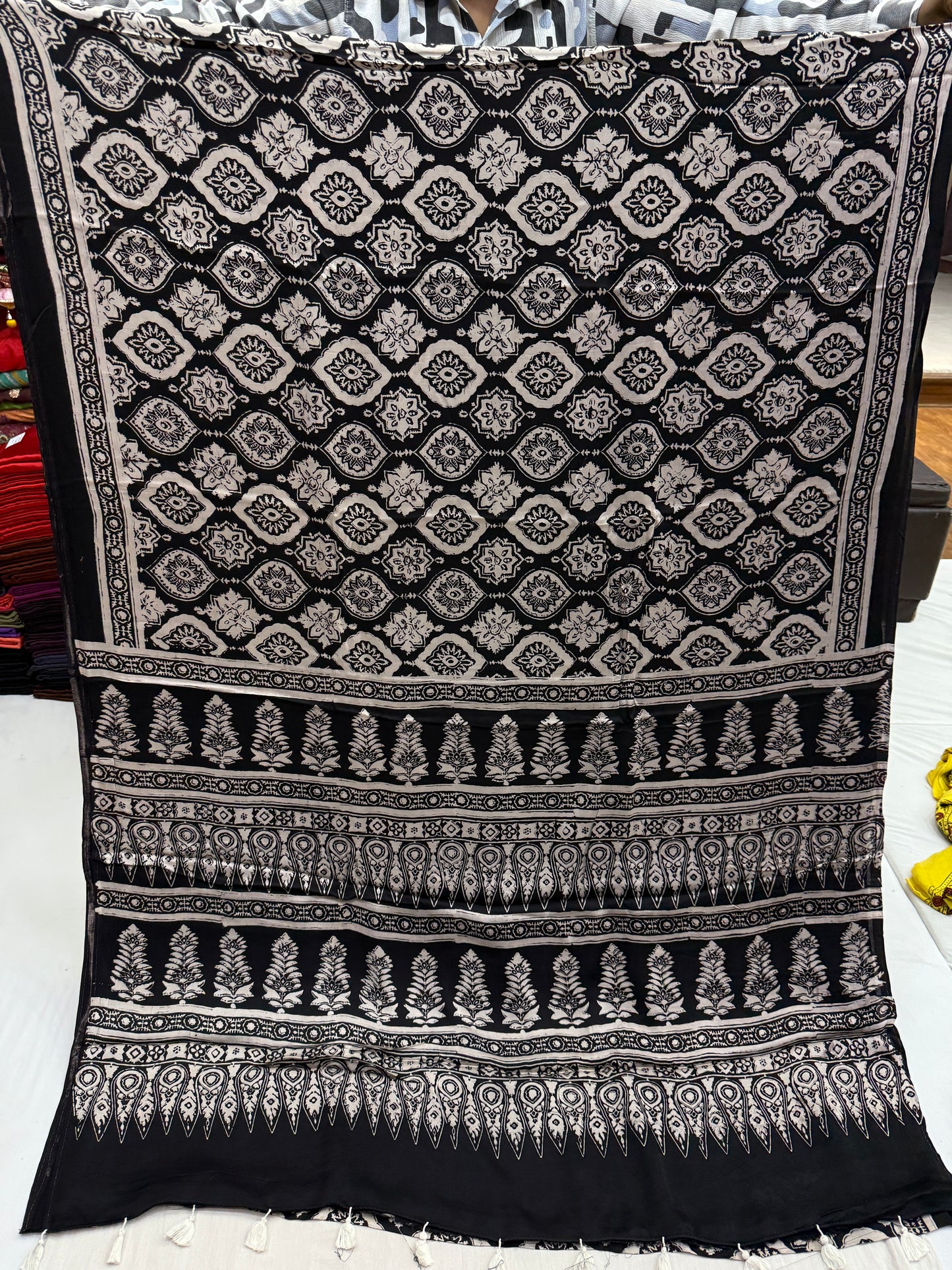 Black Cream Badam Ajrakh Print Modal Silk Saree