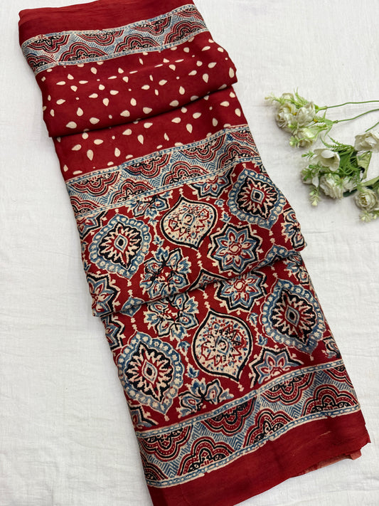 Gulnaar Ajrakh Print Modal Silk Saree