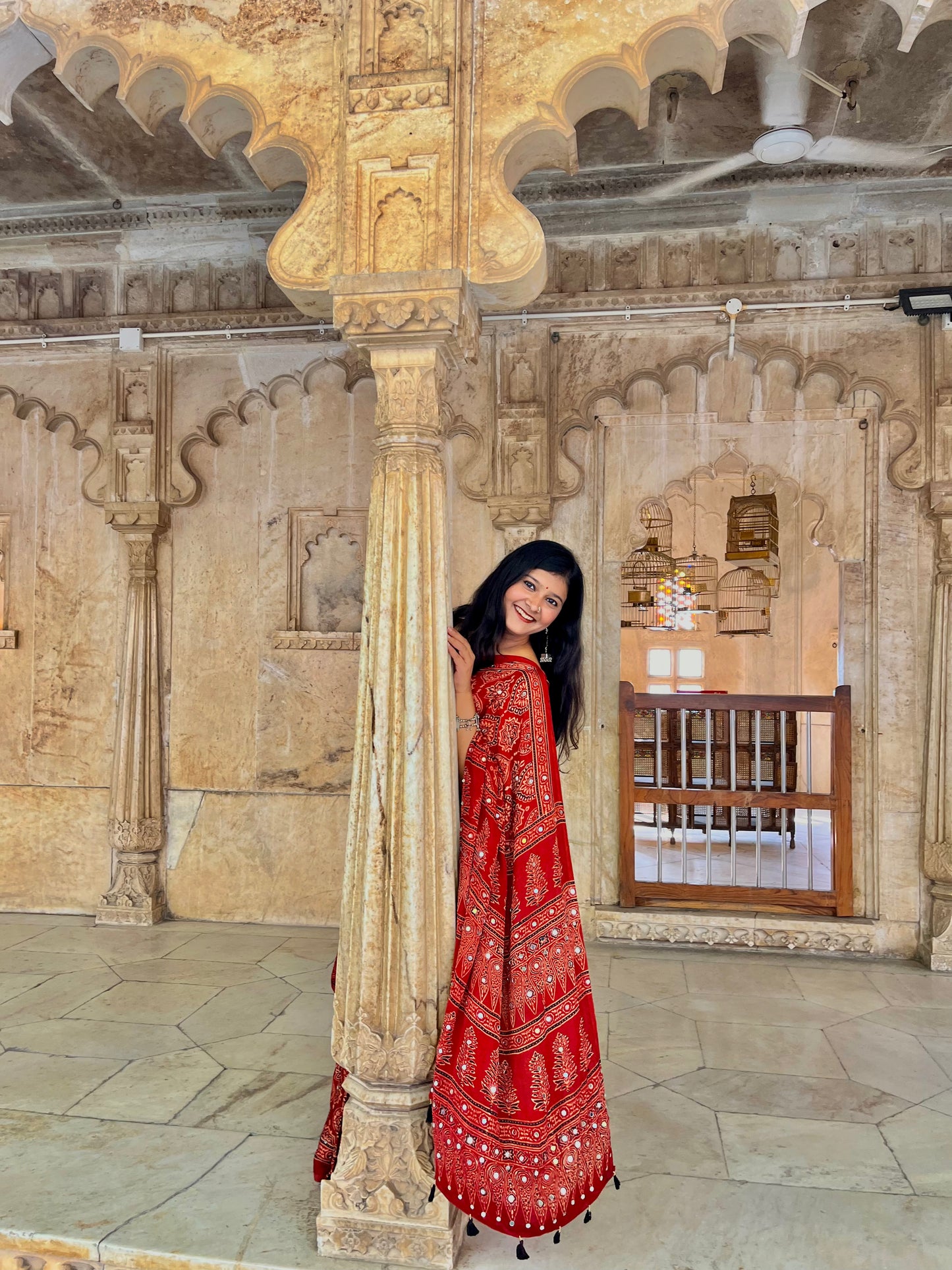 Rust Red Badam Ajrakh Mirror Work Saree (Dispatch Start Jan 10th)