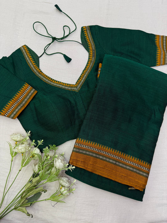 Green Mustard Temple Narayanpet Cotton Saree Blouse Set