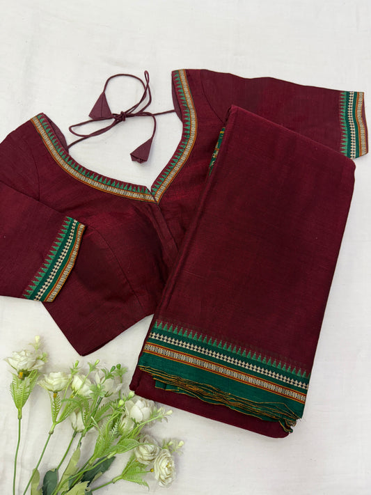 Maroon Green Temple Narayanpet Cotton Saree Blouse Set